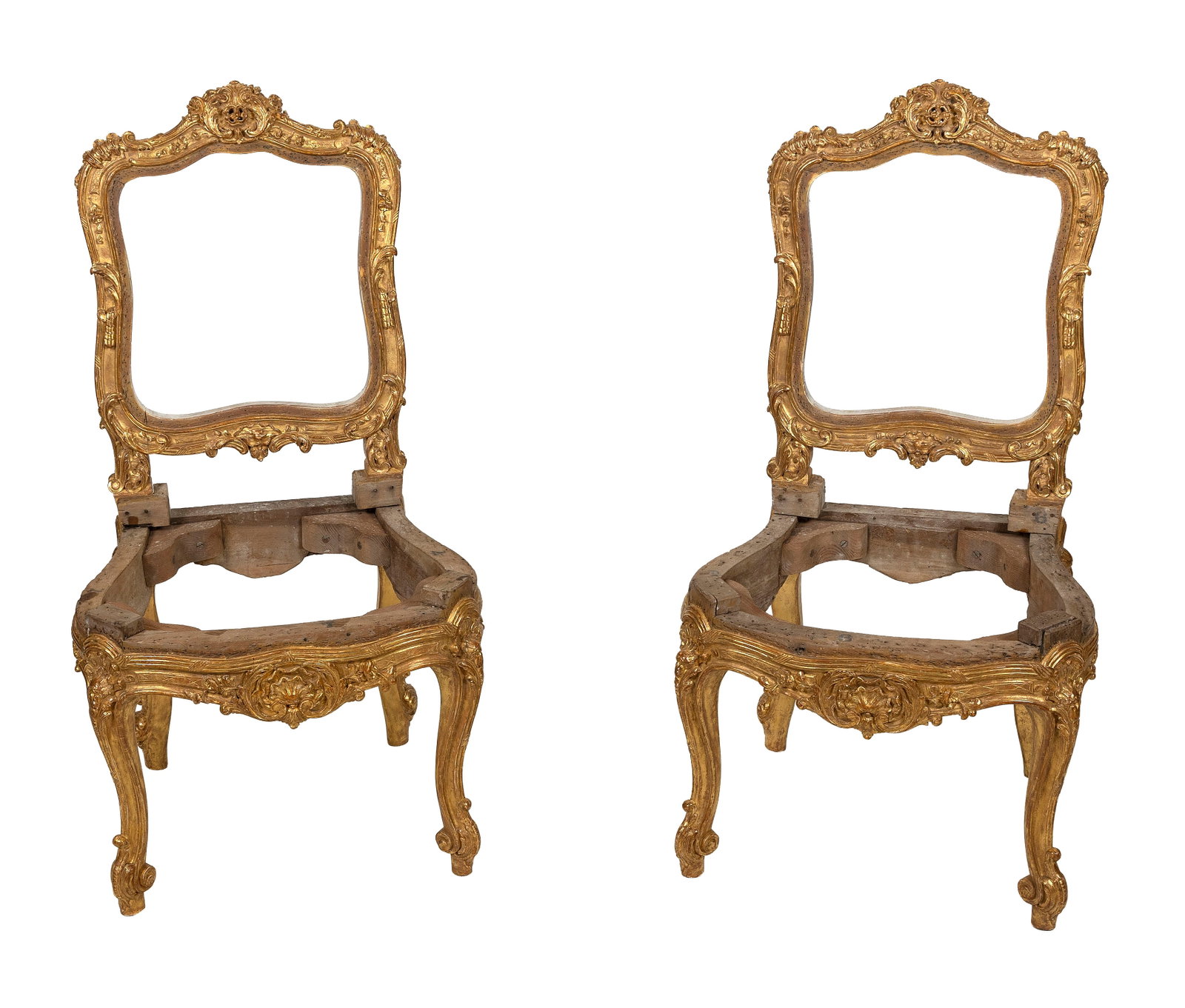 PAIR OF LOUIS XV-STYLE GILTWOOD SIDE CHAIRS 20th Century Back heights 39.5".: PAIR OF LOUIS XV-STYLE GILTWOOD SIDE CHAIRS 20th Century Lacking backs and seats. Back heights 39.5".