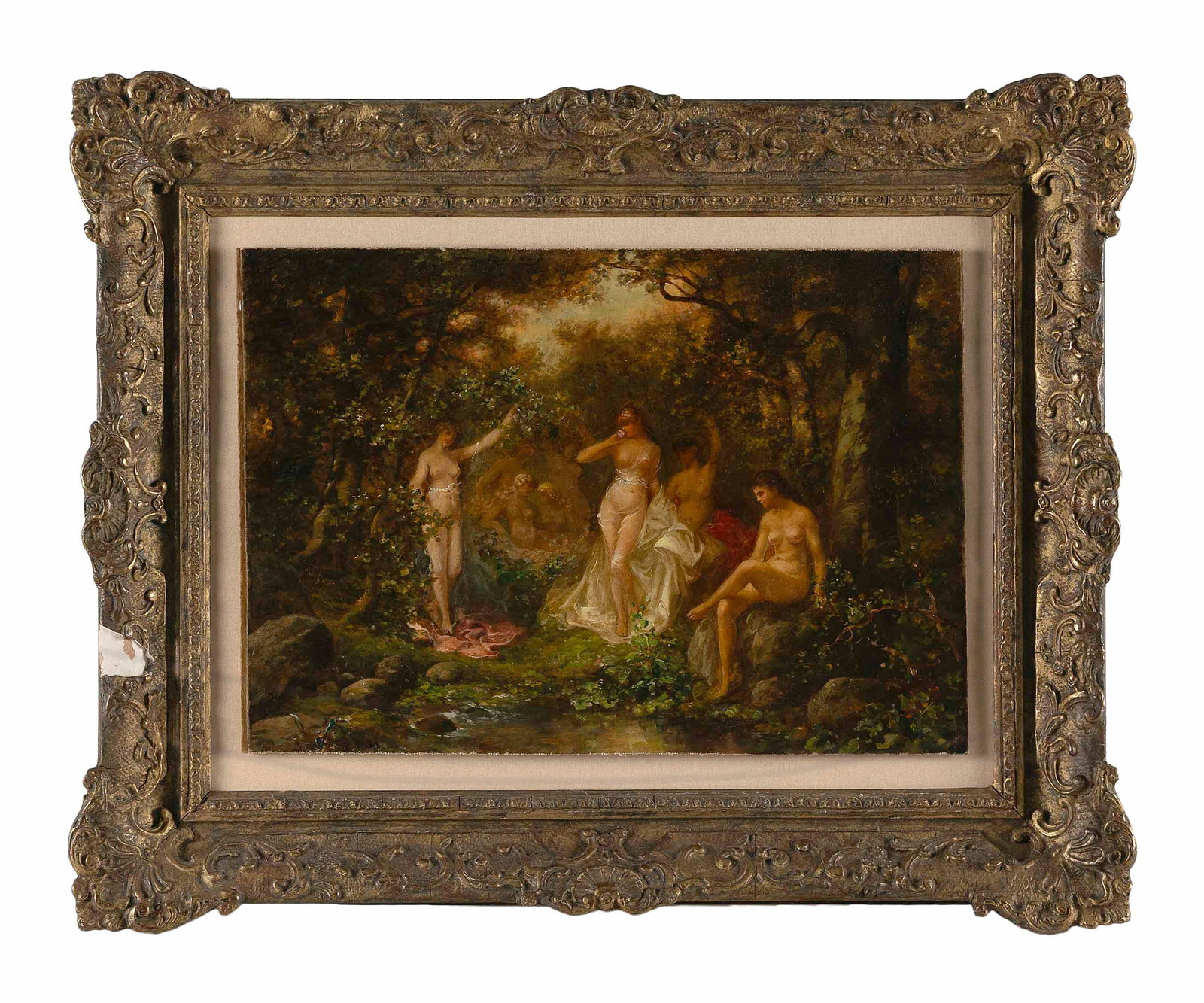 CONTINENTAL SCHOOL (19th Century,), Nudes in a landscape., Oil on canvas laid down on board, 11" x (1 of 2)