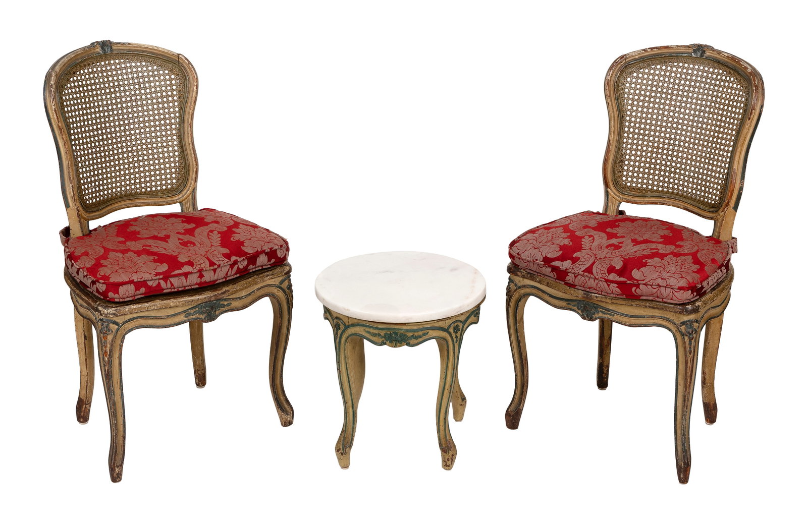 PAIR OF FRENCH LOUIS XVI-STYLE SIDE CHAIRS AND SIDE TABLE 19th Century Chair back heights 35.5". (1 of 1)
