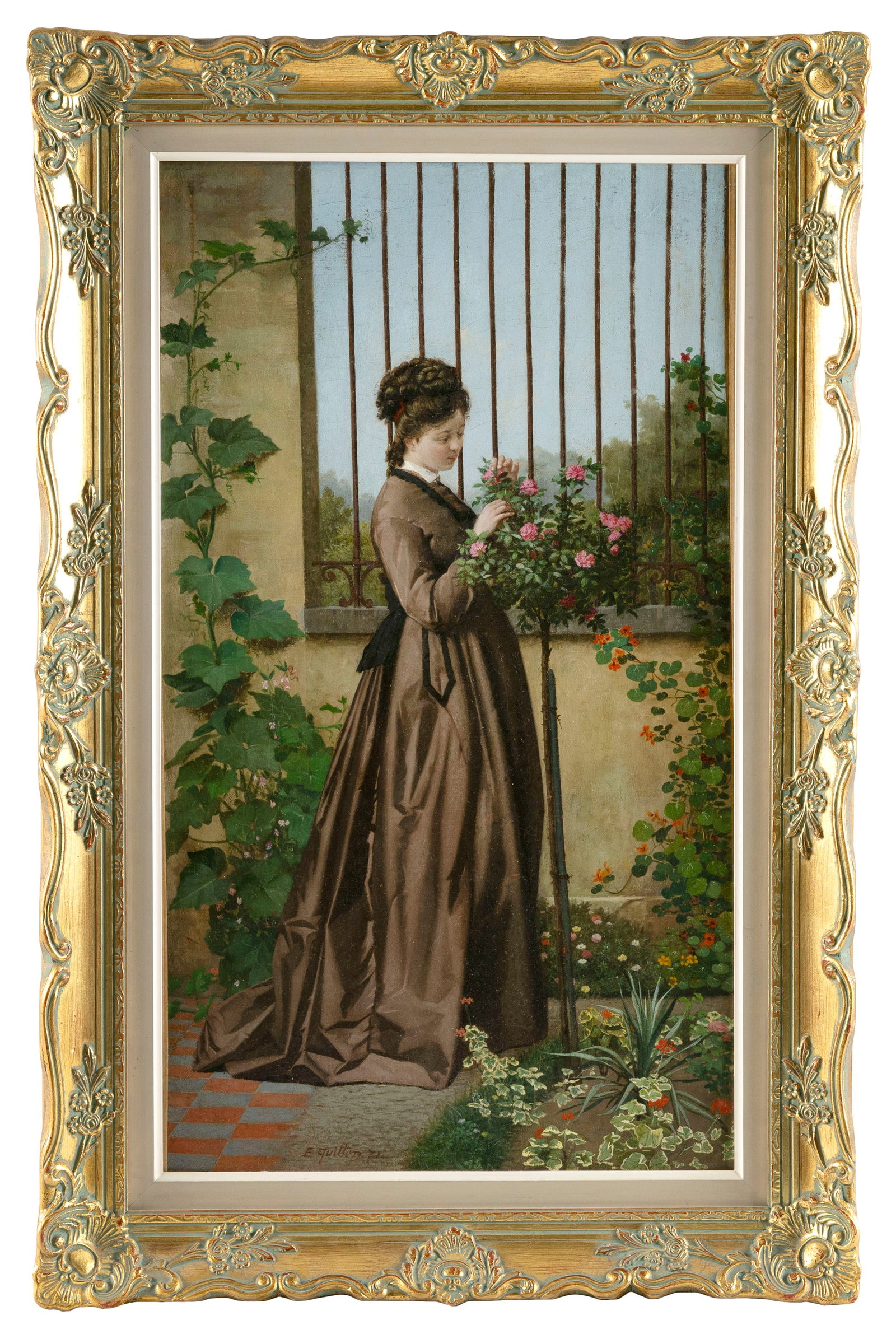 EDMOND QUINTON (France, 1897-1969), Young girl tending to roses., Oil on canvas, 23" x 13". Framed: EDMOND QUINTON France, 1897-1969 Young girl tending to roses. Signed lower left "E. Quinton". Oil on canvas, 23" x 13". Framed 29" x 18".