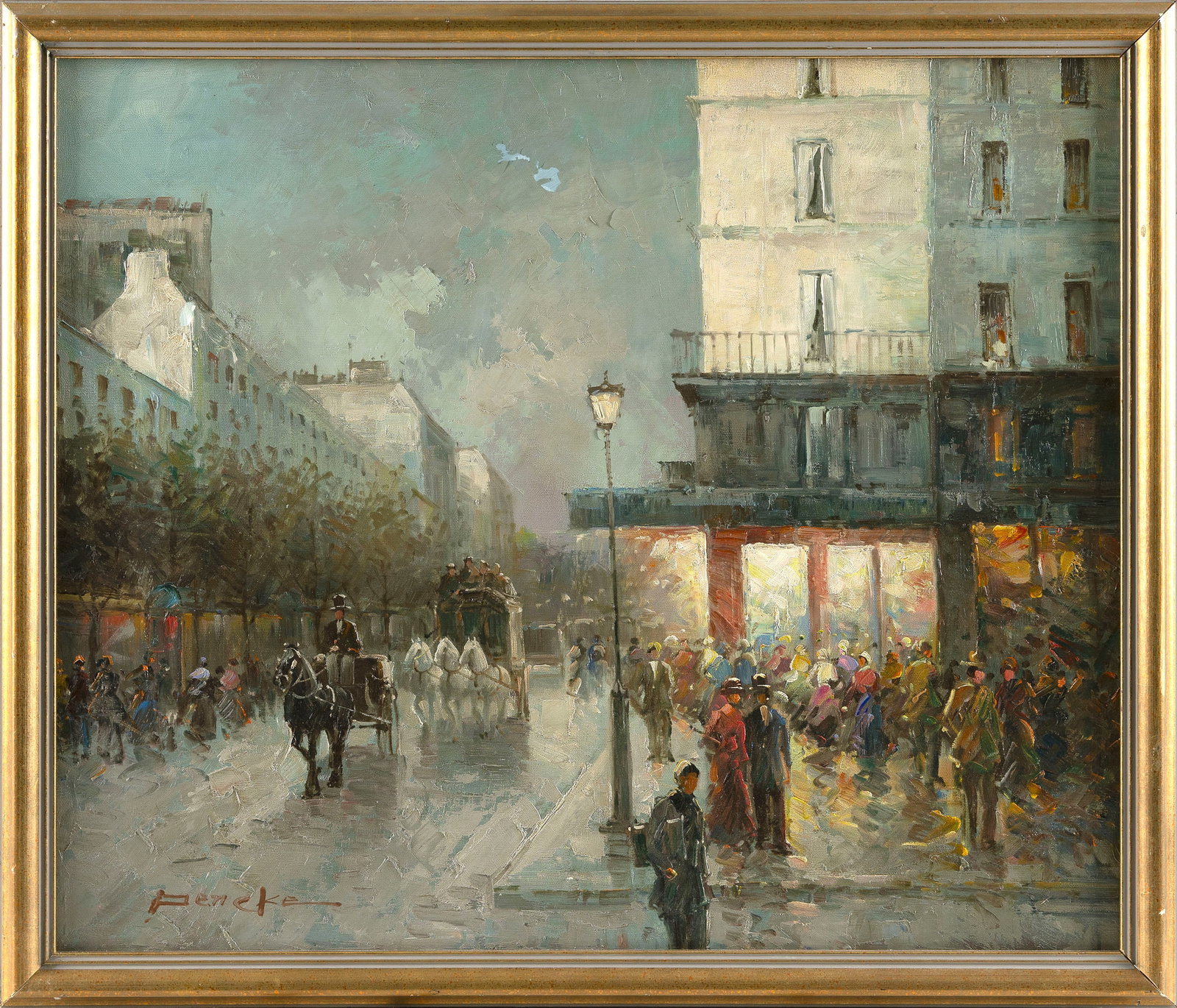 T.E. PENCKE (France, 1929-), Street scene, likely Paris., Oil on canvas, 20" x 24". Framed 22" x: T.E. PENCKE France, 1929- Street scene, likely Paris. Signed lower right "Pencke". Oil on canvas, 20" x 24". Framed 22" x 26".