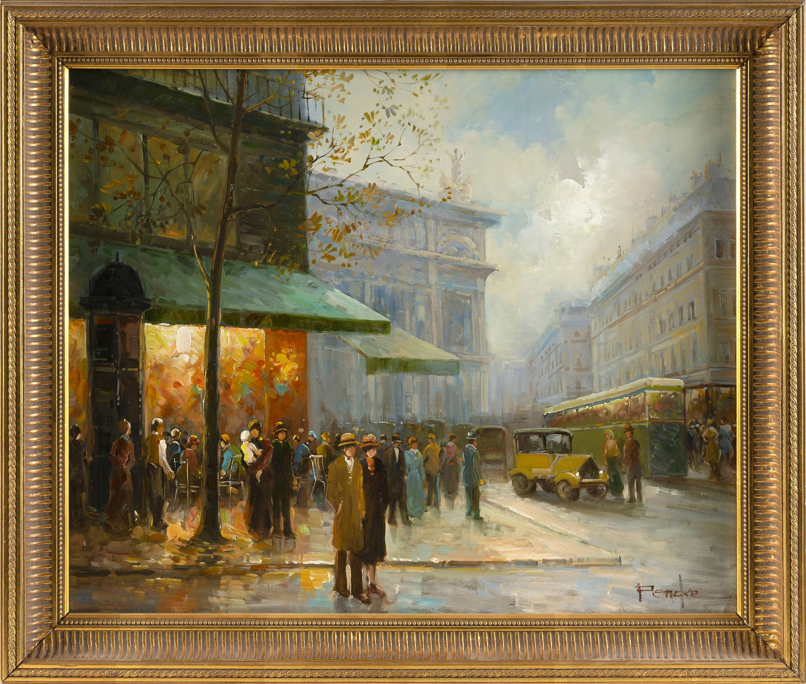 T.E. PENCKE (France, 1929-), Parisian street scene., Oil on canvas, 20" x 24". Framed 23.5" x 27.5".: T.E. PENCKE France, 1929- Parisian street scene. Signed lower right "Pencke". Oil on canvas, 20" x 24". Framed 23.5" x 27.5".
