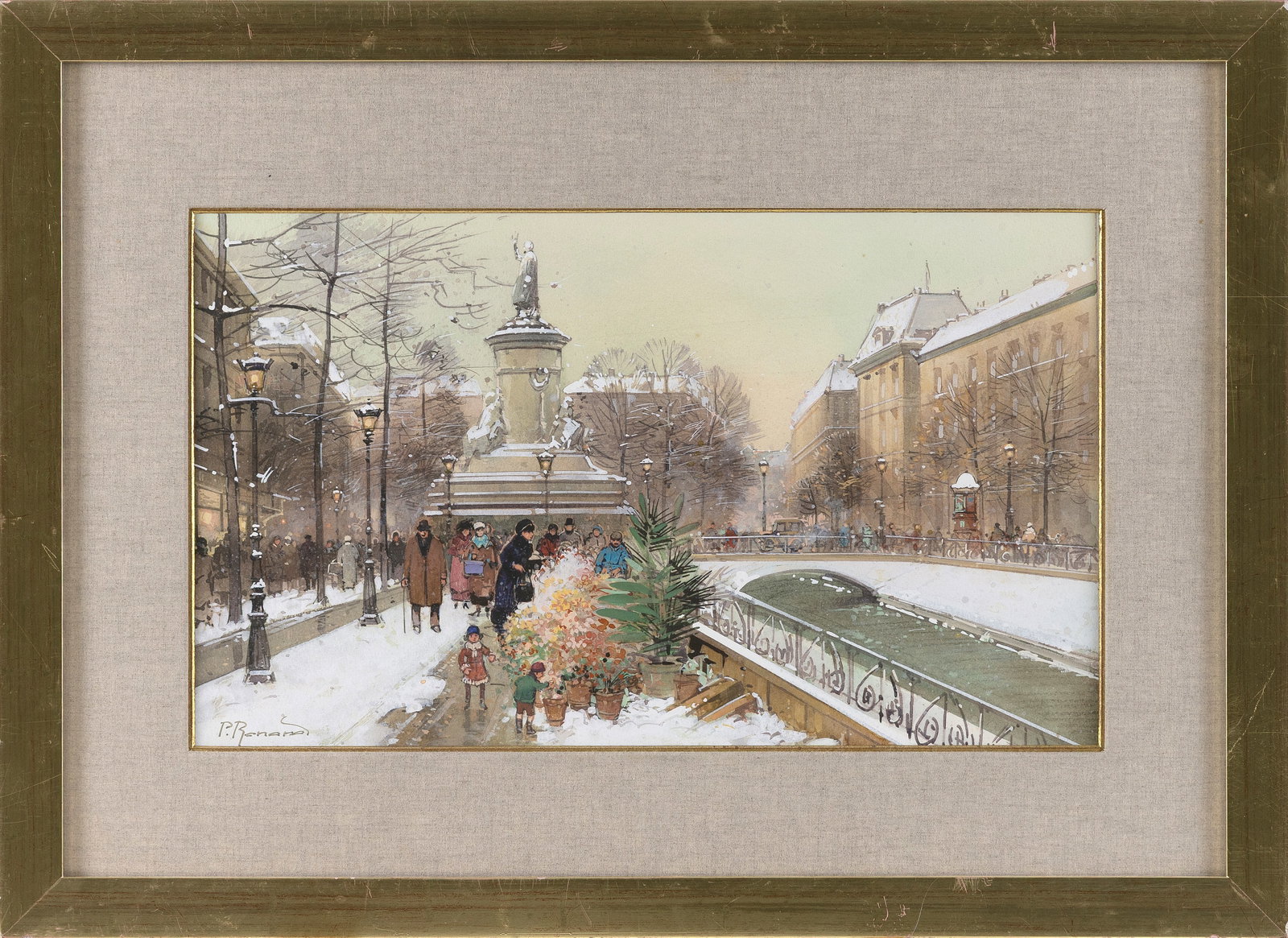 PAUL RENARD (France, 1941-1997), Winter in Paris., Watercolor and gouache, 10" x 18" sight. Framed: PAUL RENARD France, 1941-1997 Winter in Paris. Signed lower left "P. Renard". Watercolor and gouache, 10" x 18" sight. Framed 18.5" x 25.5".