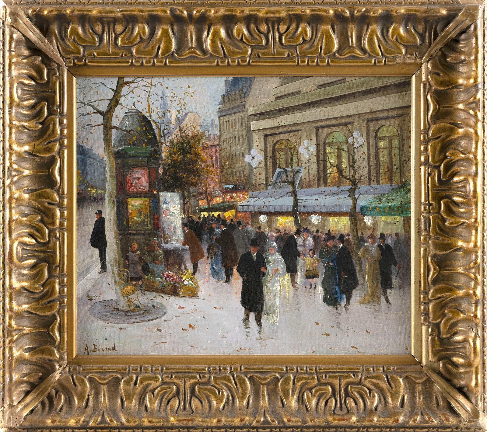STYLE OF ANTOINE BLANCHARD (20th Century,), Parisian street at dusk., Oil on canvas, 15" x 18". (1 of 2)