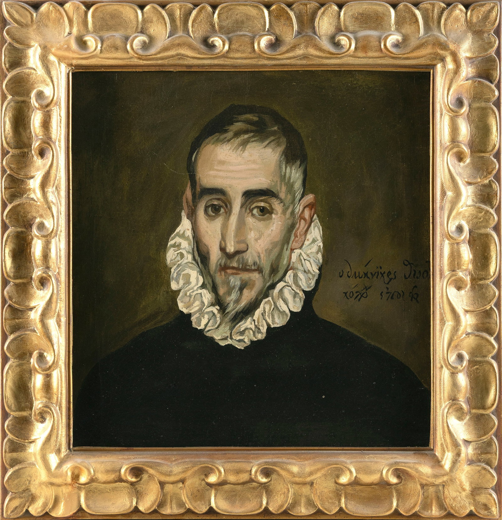 SPANISH SCHOOL (Early 20th Century,), "Portrait of an Aged Nobleman" after El Greco., Oil on canvas,: SPANISH SCHOOL Early 20th Century "Portrait of an Aged Nobleman" after El Greco. Signed mid-right. Oil on canvas, 18" x 17". Framed 24" x 23".