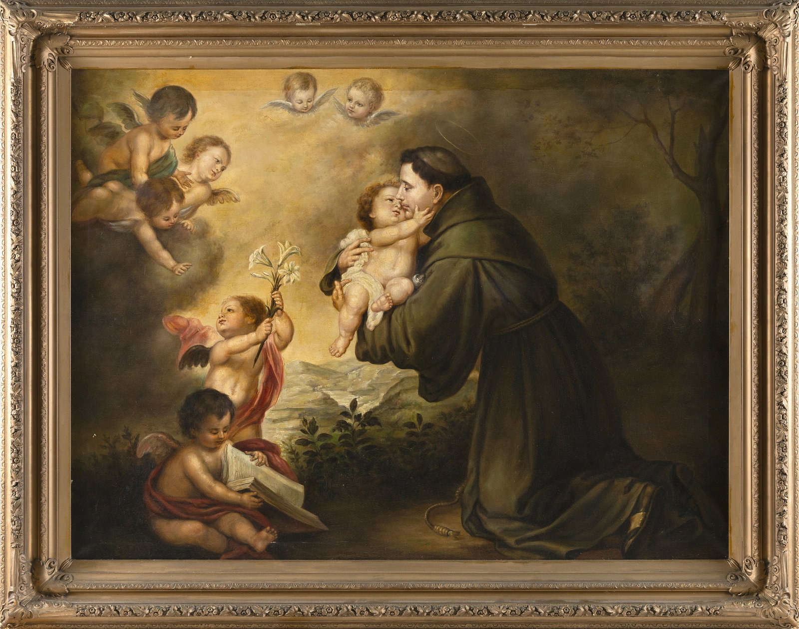 AFTER BARTOLOME ESTEBAN MURILLO (Early 20th Century,), After "The Vision of Saint Anthony of: AFTER BARTOLOME ESTEBAN MURILLO Early 20th Century After "The Vision of Saint Anthony of Padua". Unsigned. Oil on canvas, 30" x 40". Framed 37" x 47".