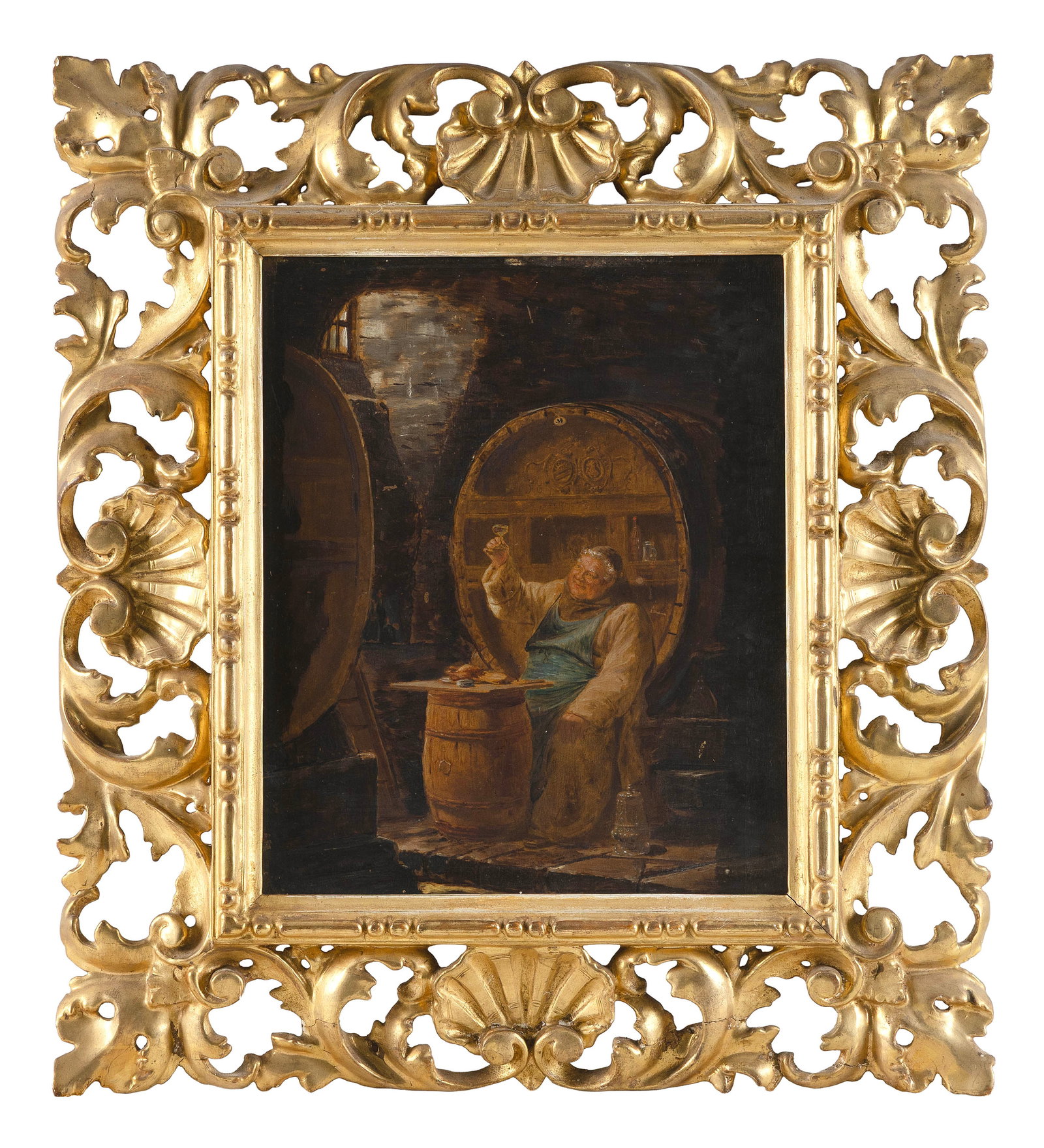 CONTINENTAL SCHOOL (19th Century,), Monk in a wine cellar., Oil on board, 10.5" x 8.5". Framed 16" x (1 of 2)