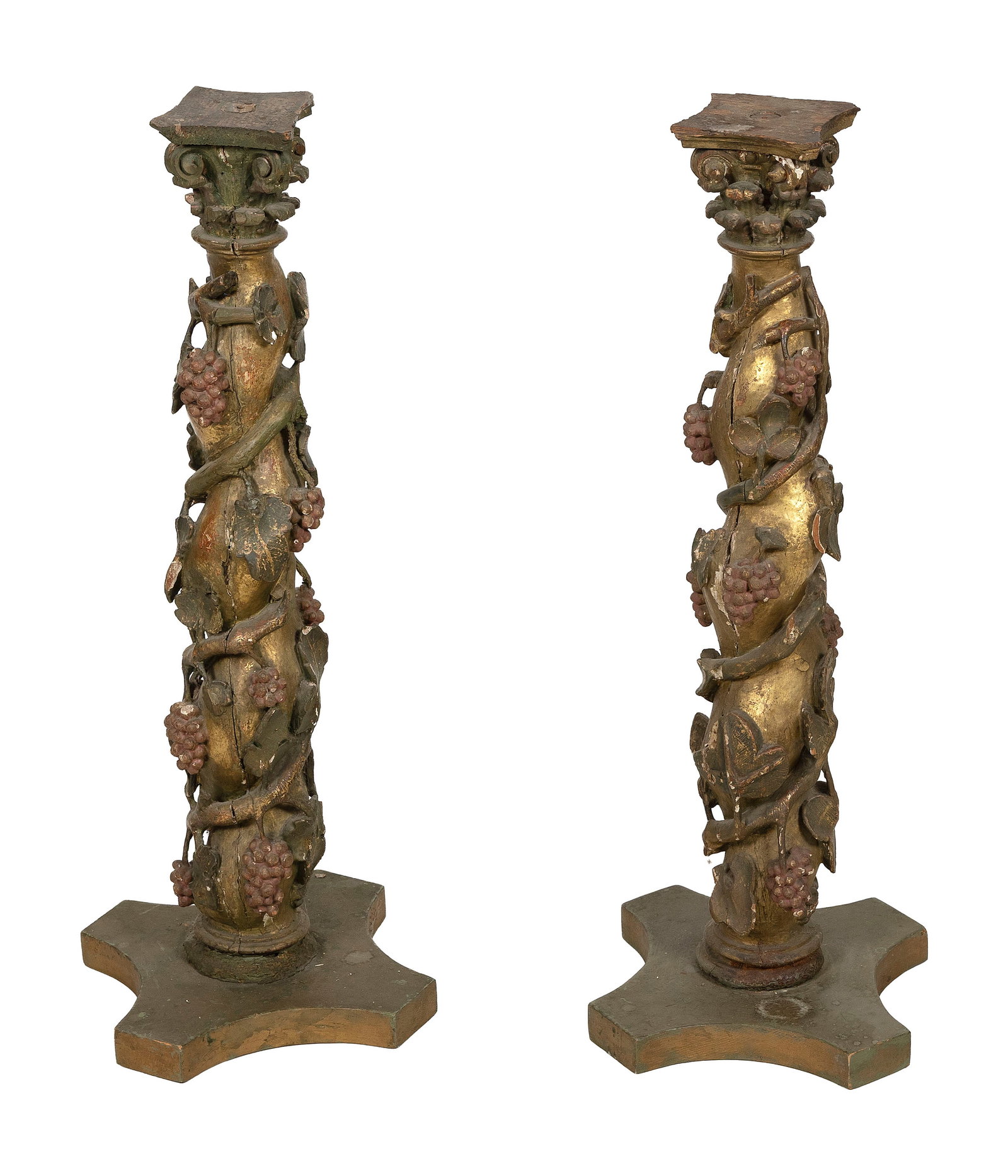 PAIR OF ITALIAN CARVED, GILDED AND POLYCHROMED COLUMNS Late 19th/Early 20th Century Heights 42". (1 of 2)