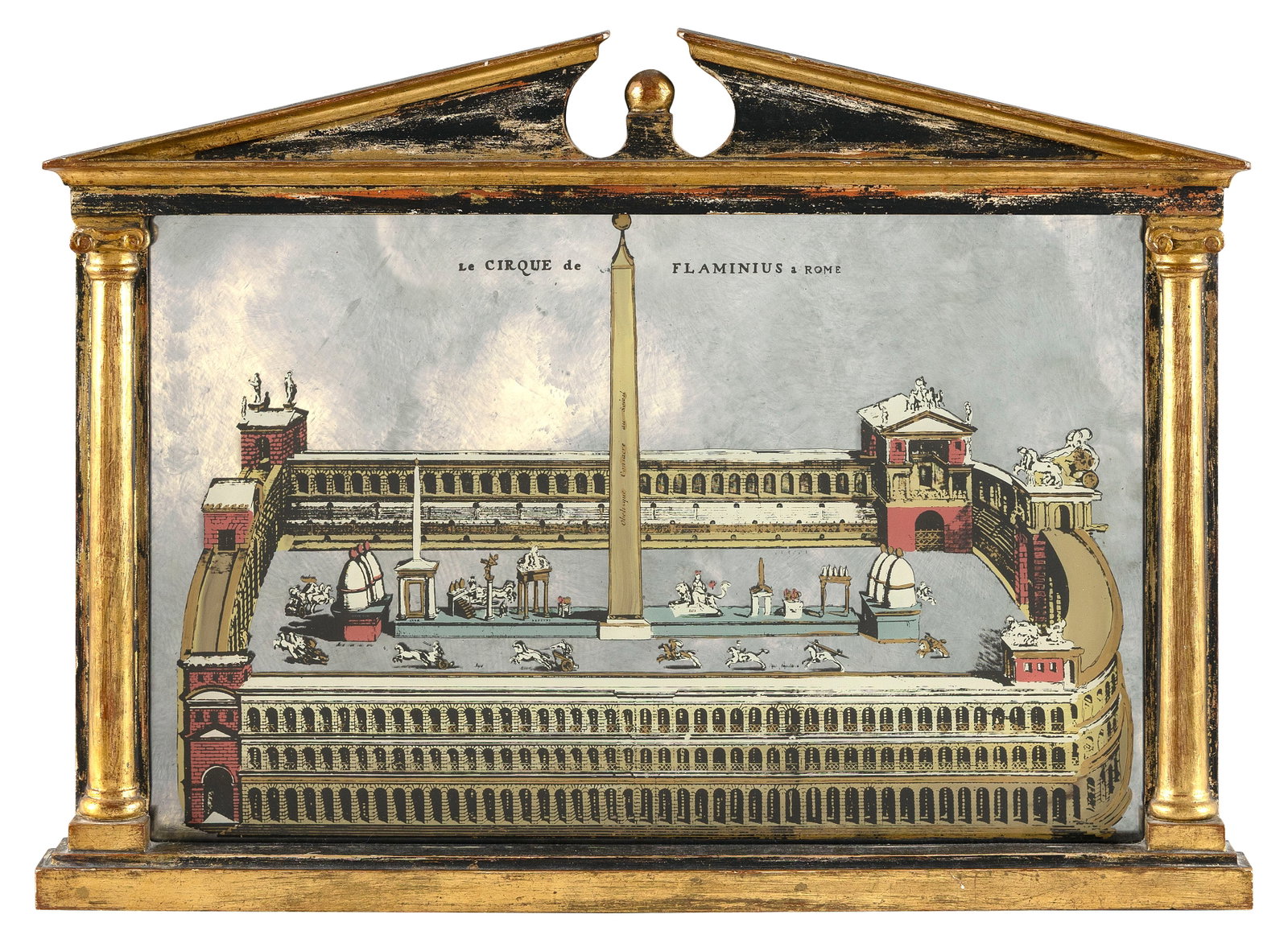 HAND-CARVED GILTWOOD AND REVERSE-PAINTED MIRROR Italy, 20th Century Height 16.5". Width 22.5". Depth: HAND-CARVED GILTWOOD AND REVERSE-PAINTED MIRROR Italy, 20th Century Frame formed as a classical facade. Reverse-painted decoration of Le Cirque de Flaminius, Rome. Stamped "Palladio" verso. Height 16.