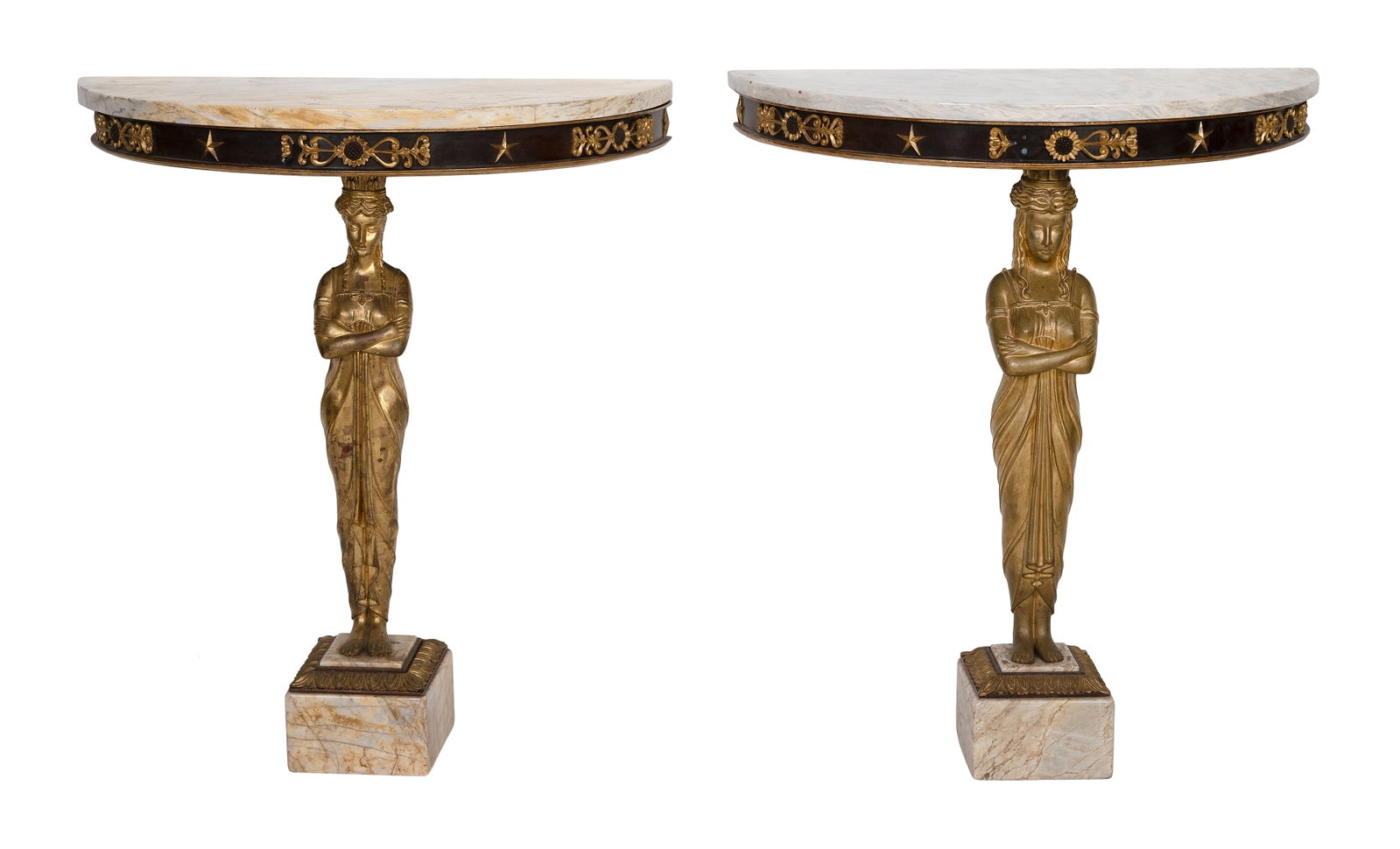 PAIR OF DEMILUNE MARBLE-TOPPED PIER TABLES 20th Century Heights 34.5". Widths 31". Depths 16.25". (1 of 2)