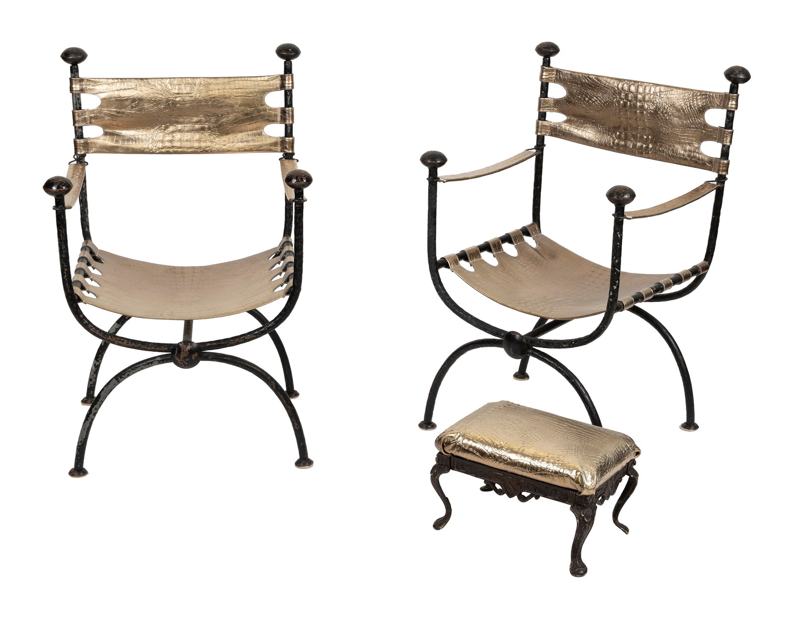 PAIR OF ITALIAN SAVONAROLA CURULE ARMCHAIRS AND FOOTSTOOL 20th Century Chair back heights 36". Seat (1 of 2)