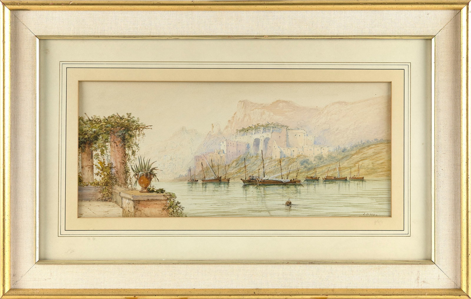EDWIN ST. JOHN (United Kingdom, 1878-1961), Mediterranean river scene., Watercolor, 8" x 18.5" (1 of 2)
