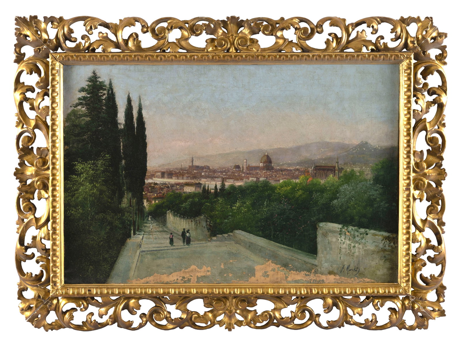 ITALIAN SCHOOL (19th Century,), View of Florence., Oil on canvas, 15.5" x 23". Framed 22" x 29.5". (1 of 2)