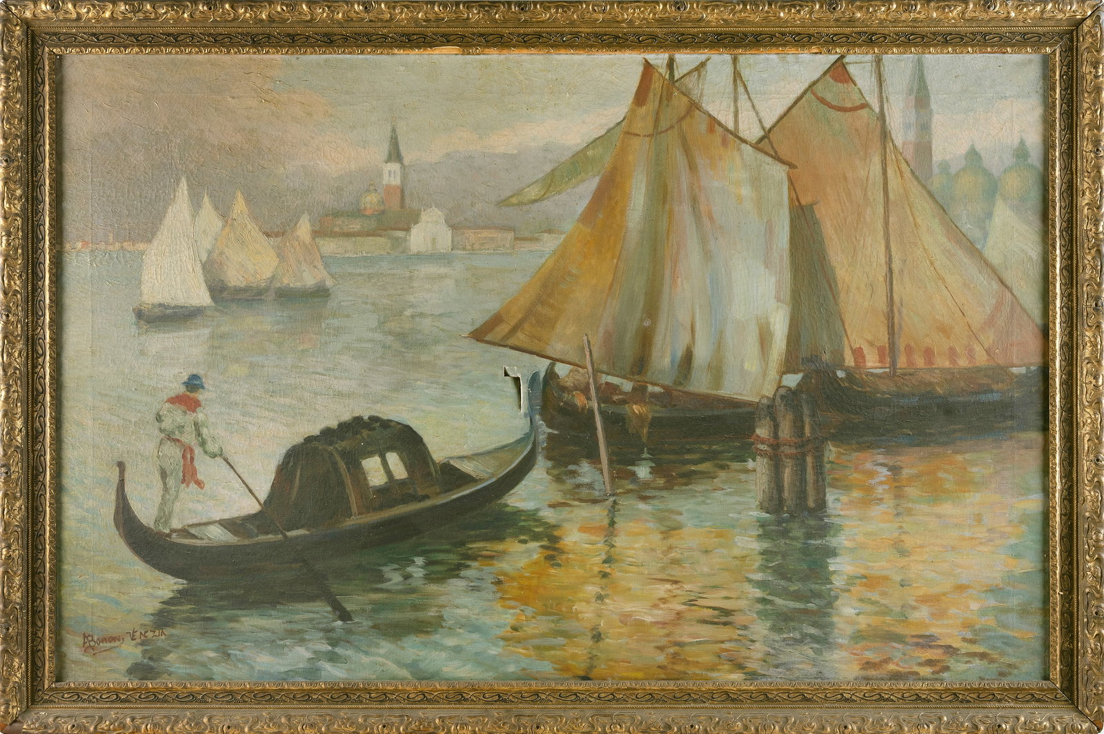 CONTINENTAL SCHOOL , Venetian scene with gondola., Oil on canvas, 34" x 54". Framed 39" x 59". (1 of 2)