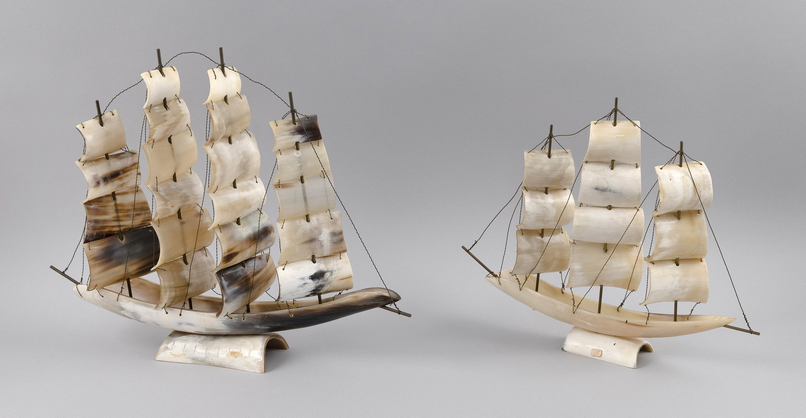 TWO ITALIAN CARVED HORN DECORATIVE SHIP MODELS 20th Century Heights 11.5" and 14". Lengths 13" and (1 of 5)