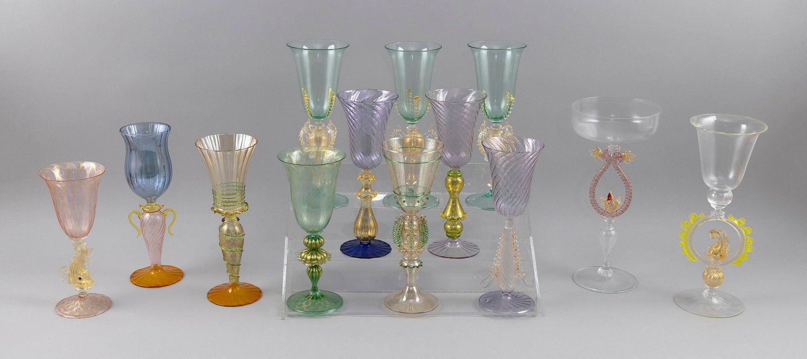 COLLECTION OF THIRTEEN VENETIAN HAND-BLOWN GLASS GOBLETS 20th Century Heights from 9" to 11.5". (1 of 13)