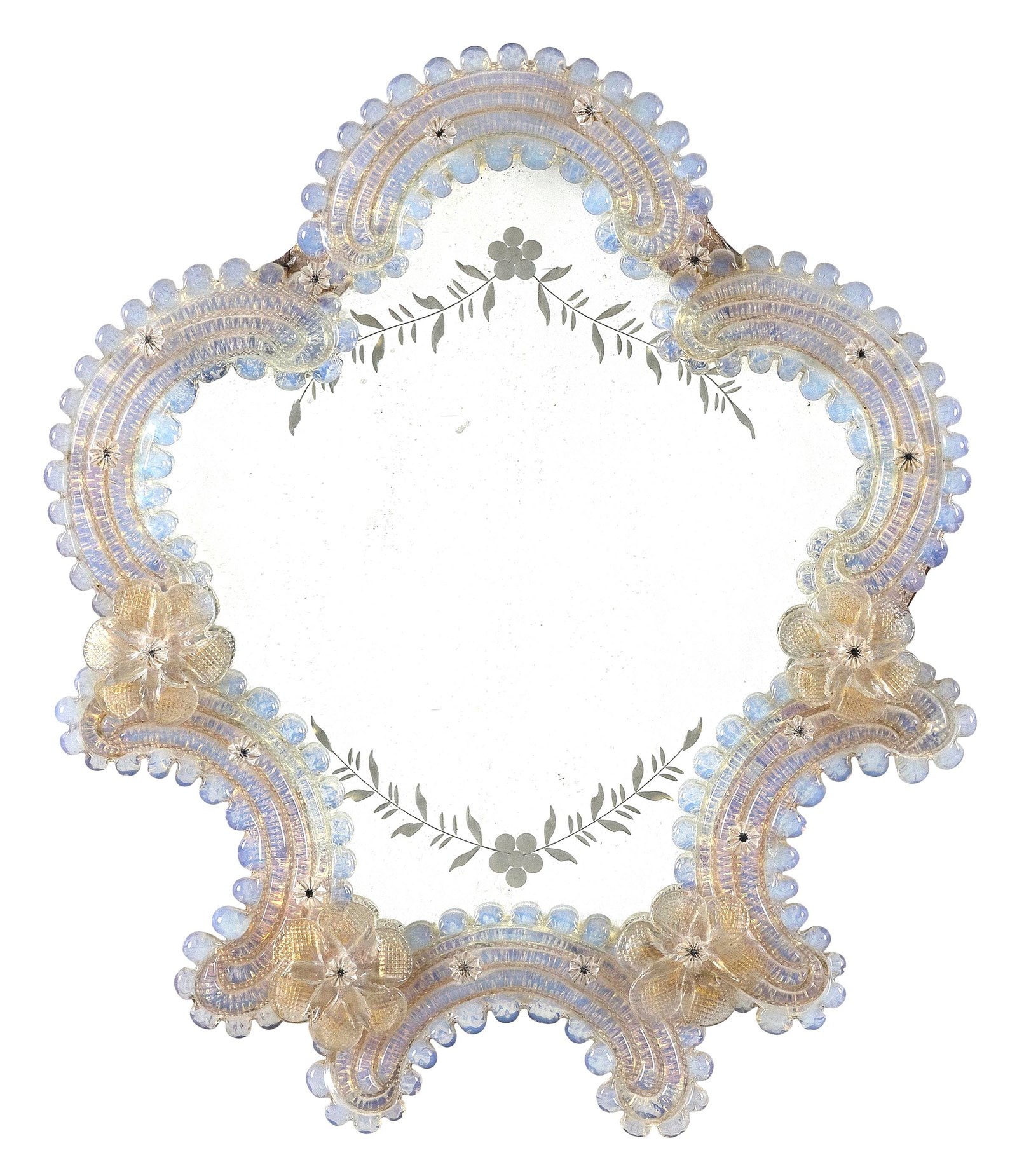 MURANO GLASS VANITY MIRROR Italy, Early 20th Century Height 14". Width 13". (1 of 2)