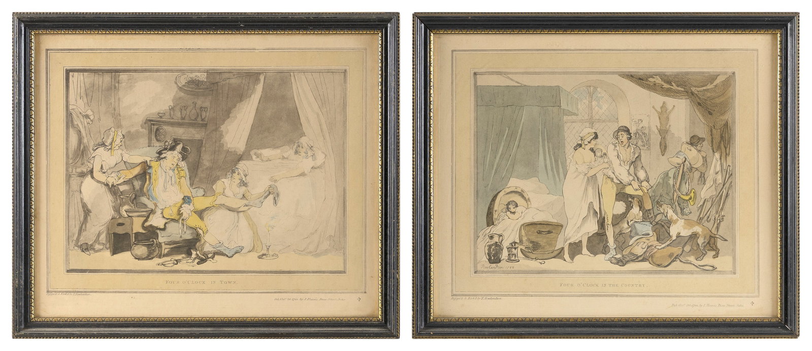 THOMAS ROWLANDSON (United Kingdom, 1756-1827), Two humorous boudoir prints:, Colored etchings, 13.5" (1 of 2)