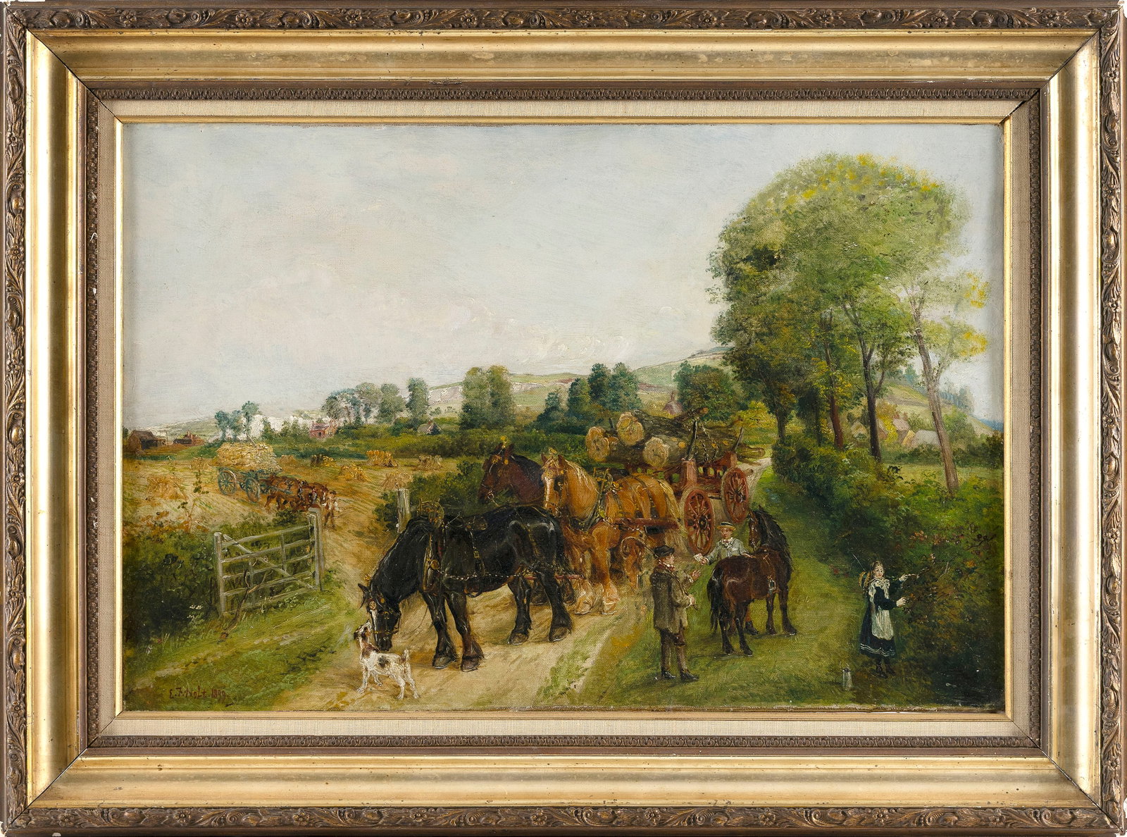 EDWIN FREDERICK HOLTZ (England, 1830-1912), Farm scene., Oil on canvas, 16" x 24". Framed 22" x 30". (1 of 2)