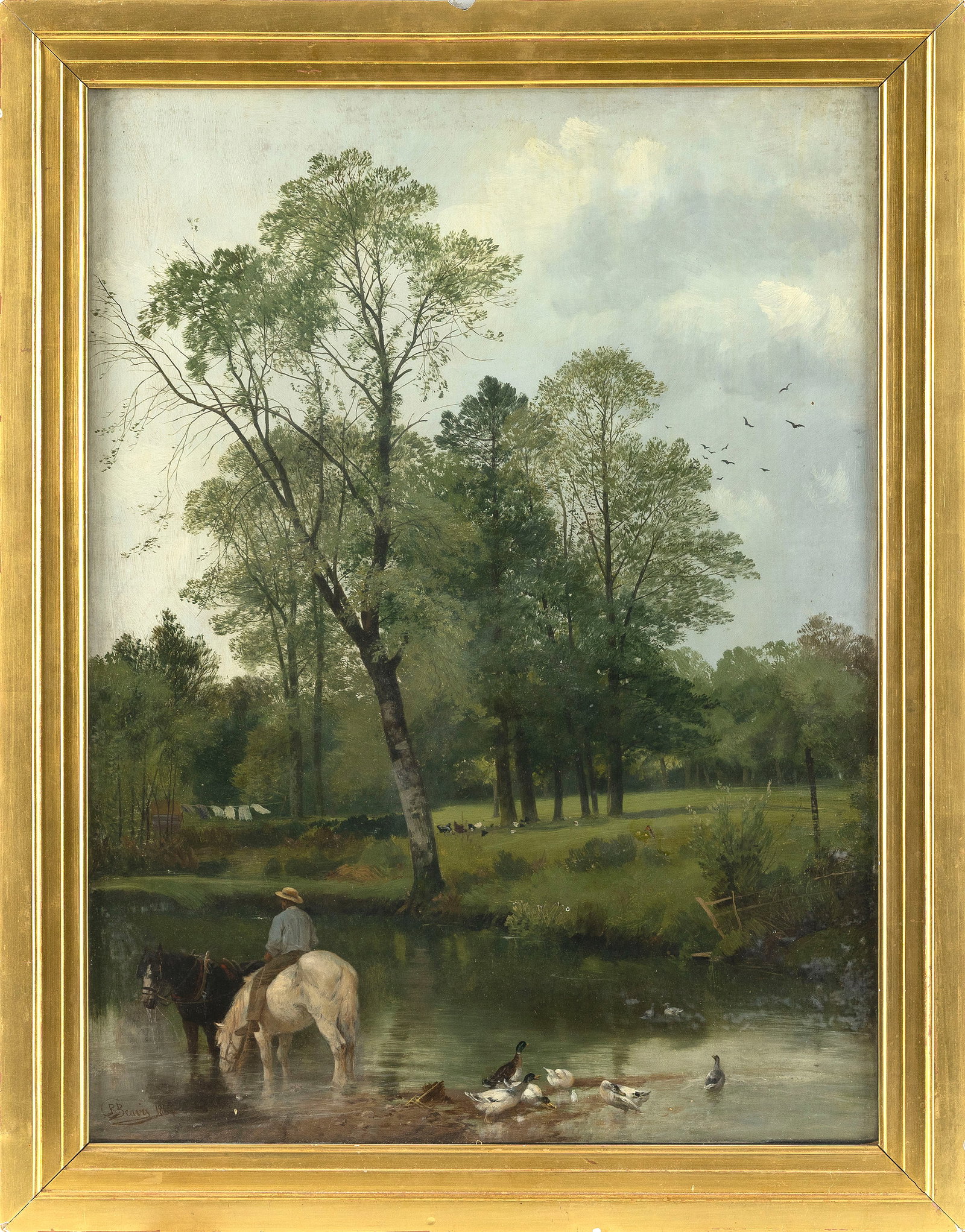 RICHARD BEAVIS (United Kingdom, 1824-1896), Figure on horseback at a stream., Oil on canvas, 24" x (1 of 2)