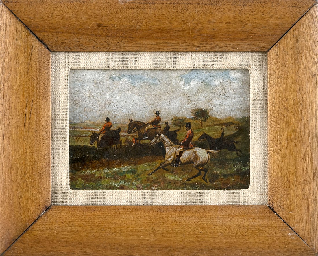 ENGLISH SCHOOL (19th Century,), Fox hunting scene., Oil on board, 4" x 5.25". Framed 7.75" x 9.5". (1 of 2)