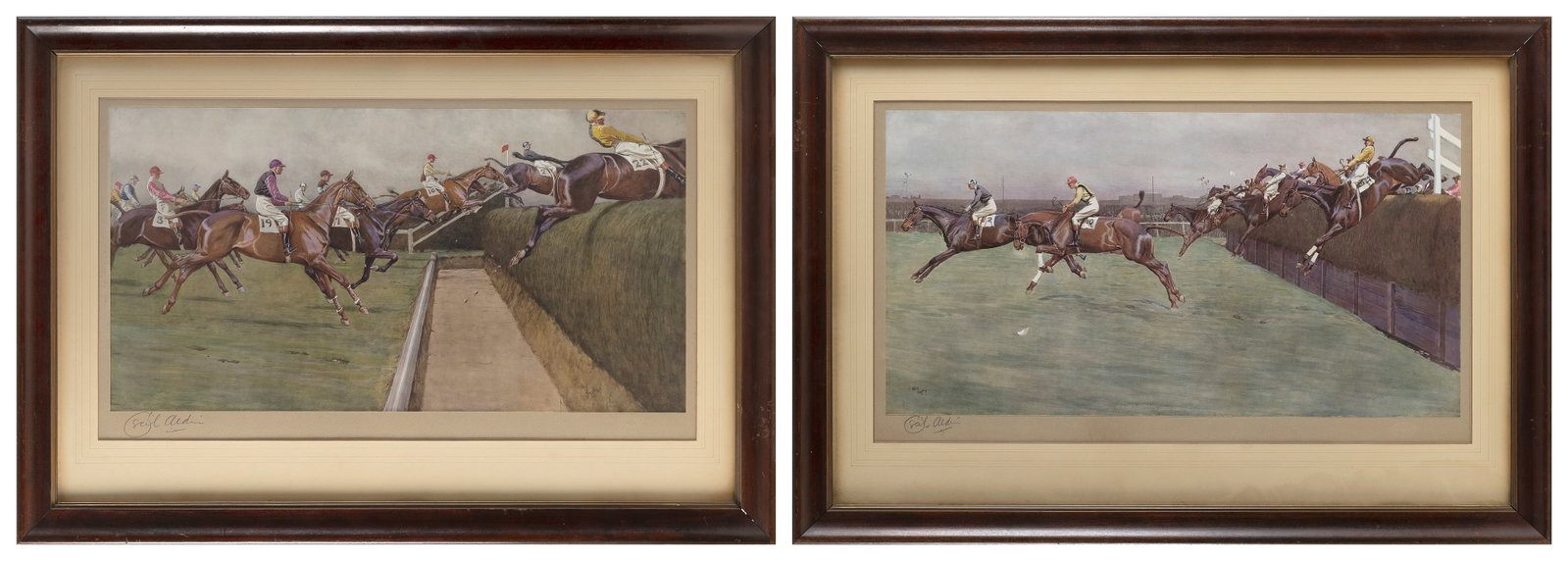 CECIL ALDEN (United Kingdom, 1870-1935), Pair of steeplechase scenes., Chromolithographs, 13" x 25". (1 of 2)