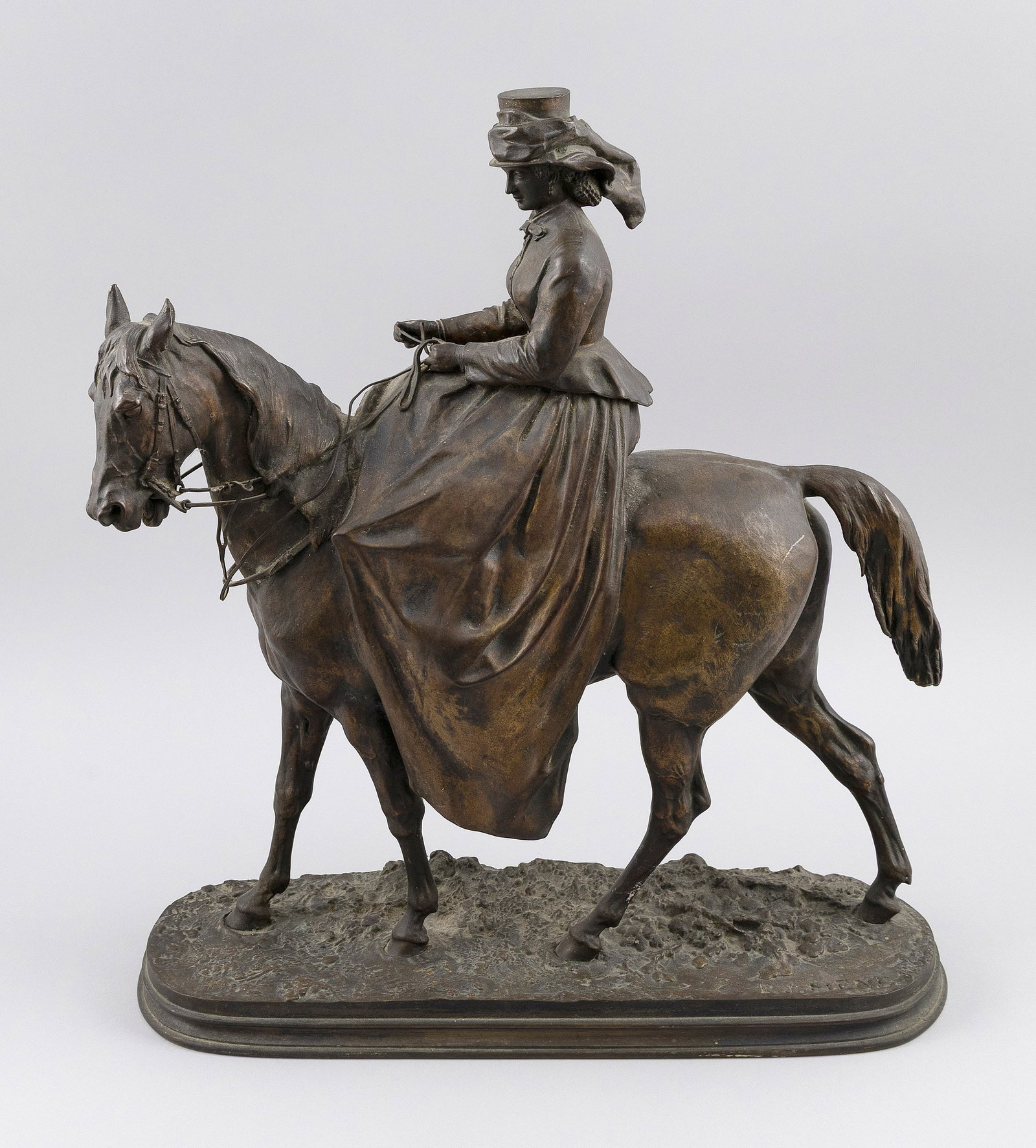 PIERRE JULES (P.J.) MENE (France, 1810-1879), "Amazone" (No. 1), a figure of a woman riding: PIERRE JULES (P.J.) MENE France, 1810-1879 "Amazone" (No. 1), a figure of a woman riding side-saddle. Signed and dated on base "P.J. Mene 1865". Bronze, height 17.75". Length approx. 16". Provenance: 