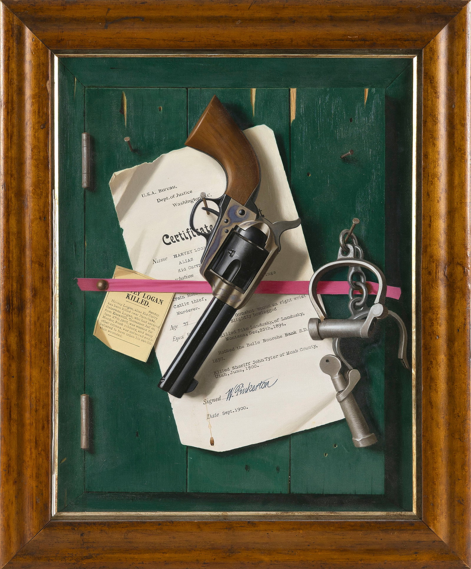 WILLIAM JAMES MORLEY CLAYTON (United Kingdom, 1934-2003), Trompe-l'?il of a handgun and papers., Oil (1 of 2)