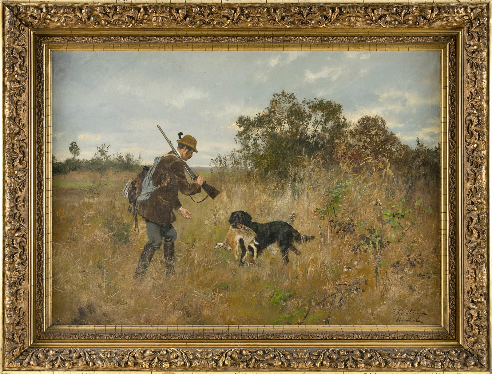 JOSEF SCHMITZBERGER (Germany, 1851-1936), A hunter with his dog., Oil on canvas, 26.5" x 36.5". (1 of 2)