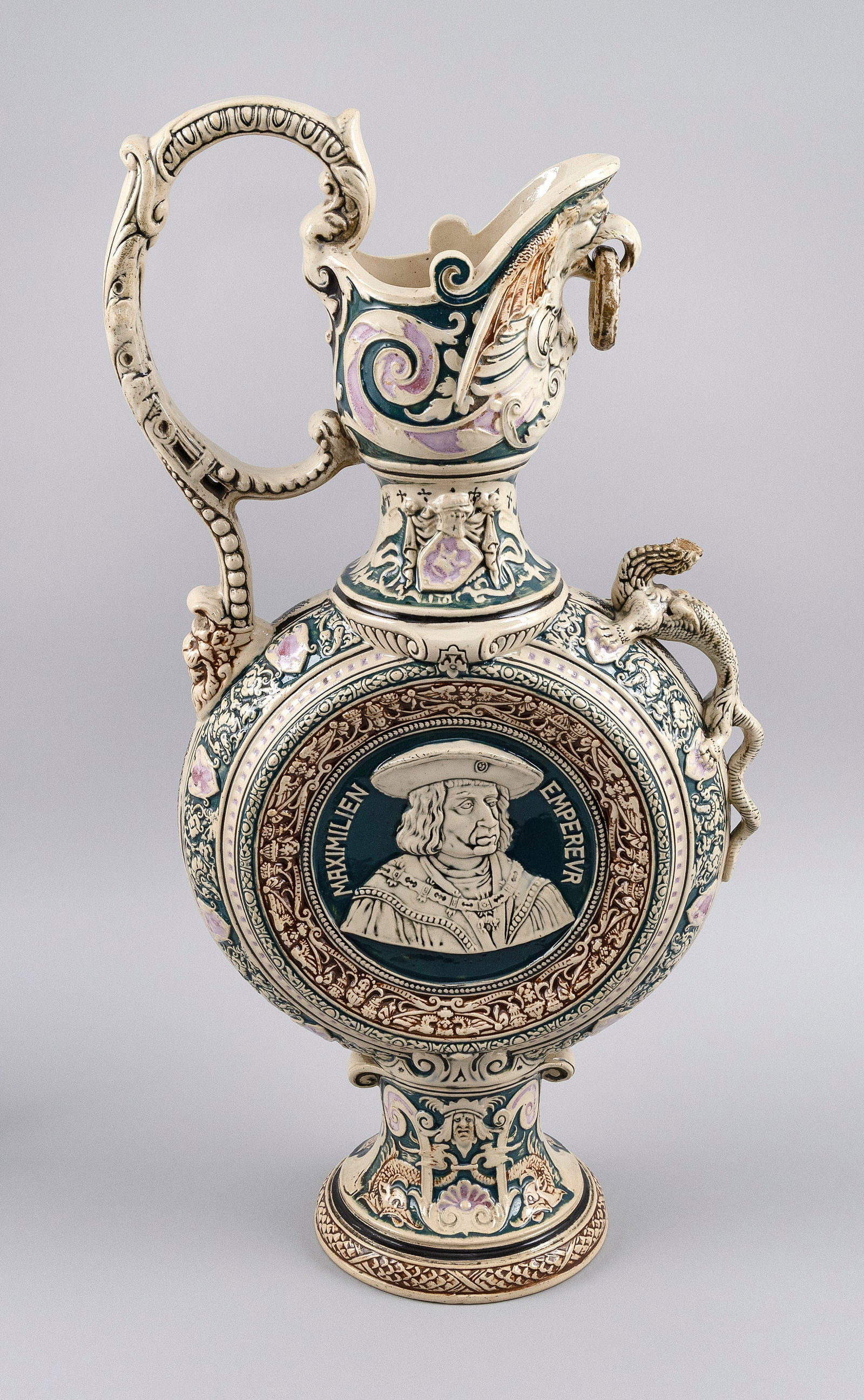 WESTERWALD STONEWARE RENAISSANCE-STYLE EWER Germany, 19th Century Height 20". Width 11". (1 of 6)