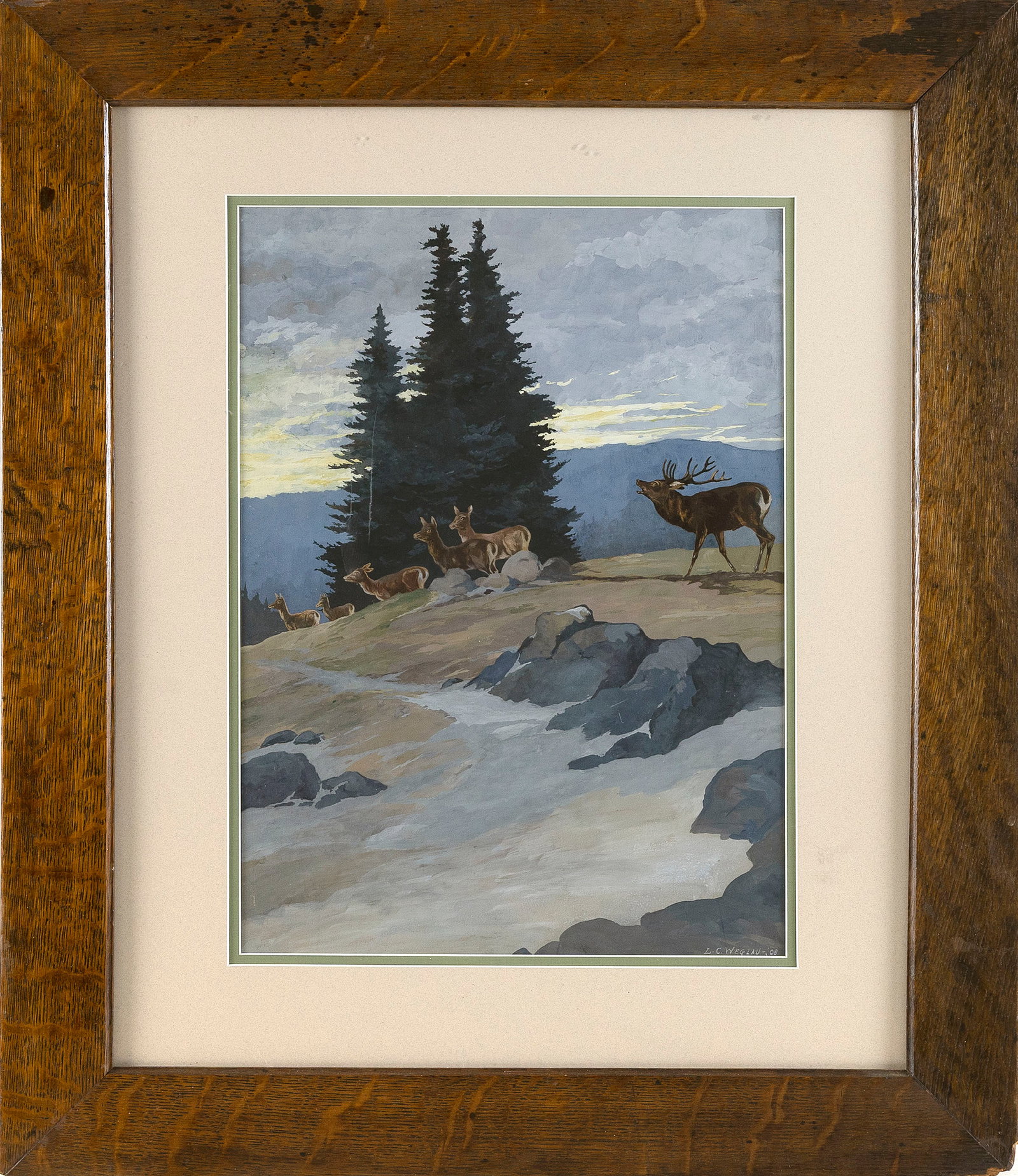 CONTINENTAL SCHOOL , Mountain landscape with elk., Gouache on paper, 16.5" x 12". Framed 26.5" x (1 of 2)