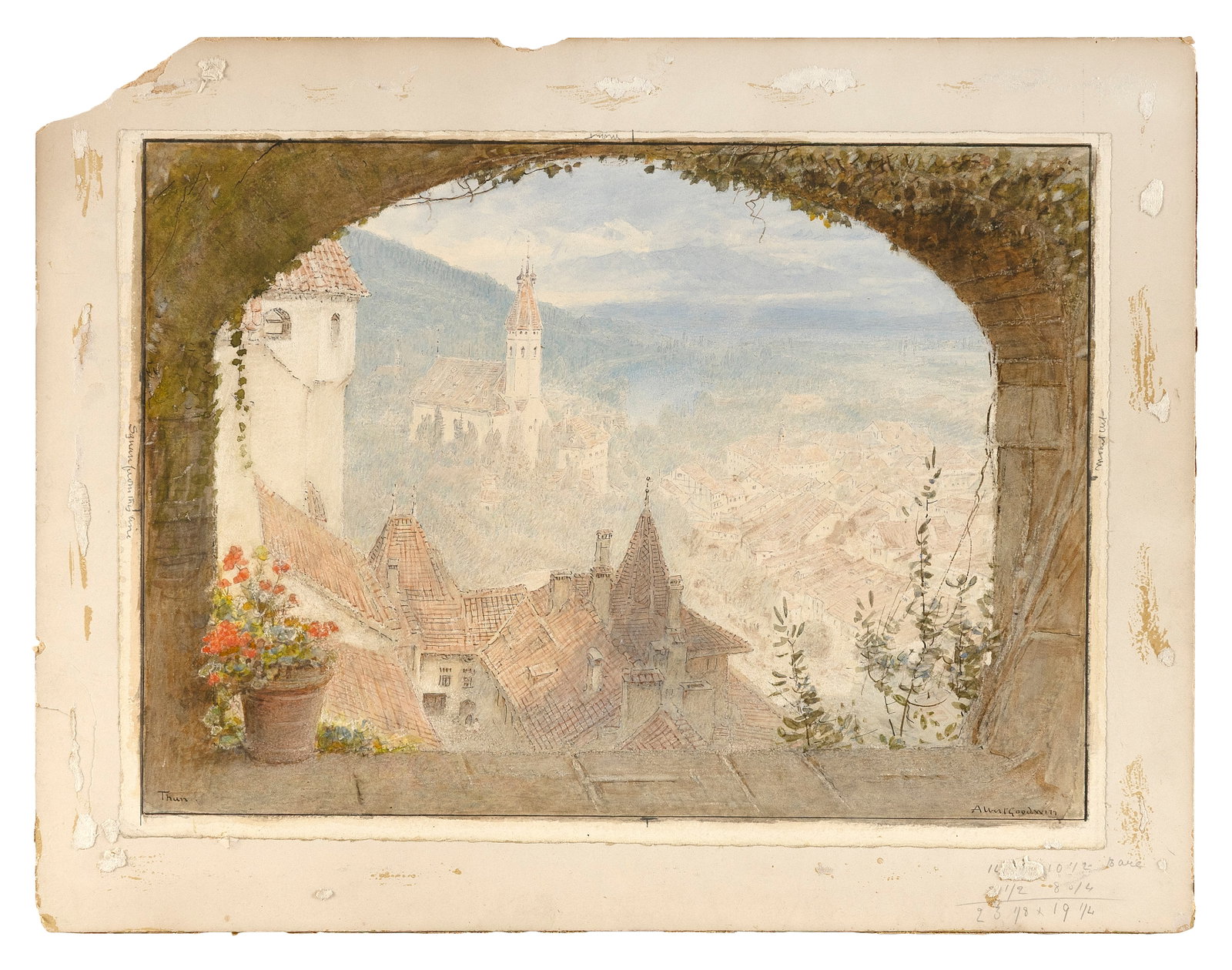 ALBERT GOODWIN (England, 1845-1932), "Thun", a view of a Swiss mountain town through an arched: ALBERT GOODWIN England, 1845-1932 "Thun", a view of a Swiss mountain town through an arched window. Signed lower right "Albert Goodwin". Titled lower left. Watercolor, pencil and ink on paper, 10.5" x