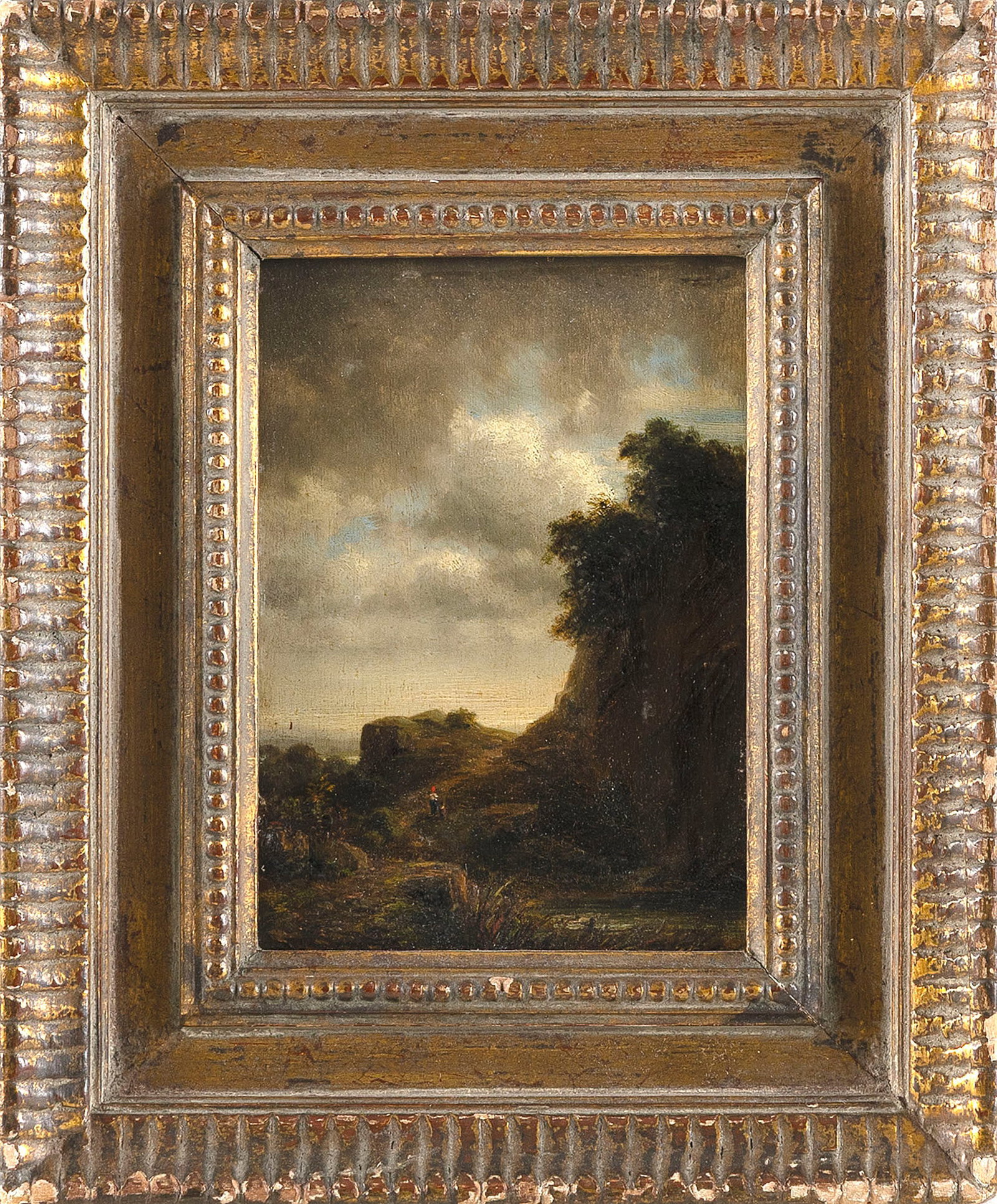 HUGO DEGENHARD (Germany, 1866-1901), Rocky landscape with figures., Oil on panel, 5.75" x 4.25".: HUGO DEGENHARD Germany, 1866-1901 Rocky landscape with figures. Signed lower left. Oil on panel, 5.75" x 4.25". Framed 9.75" x 8".