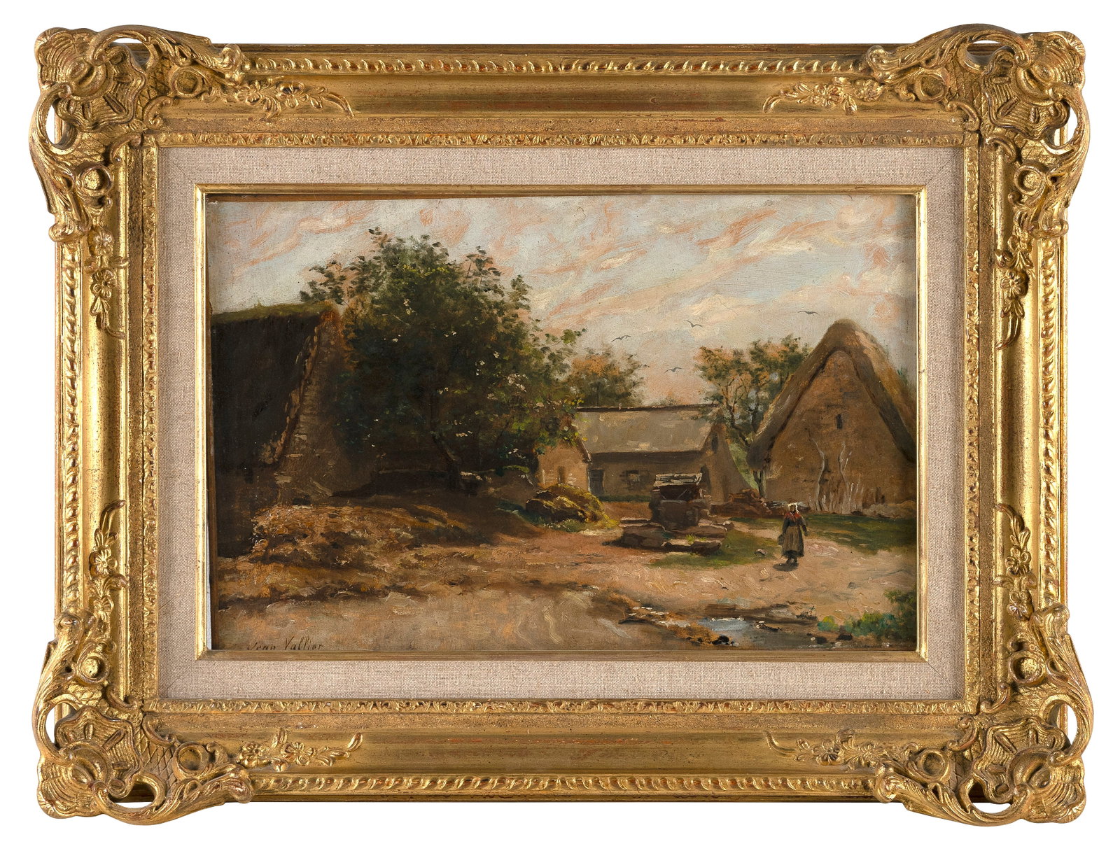 JEAN MARC DUNANT-VALLIER (Switzerland, 1818-1888), Farm scene., Oil on canvas, 10.25" x 15.5".: JEAN MARC DUNANT-VALLIER Switzerland, 1818-1888 Farm scene. Signed lower left "Jean Vallier". Oil on canvas, 10.25" x 15.5". Framed 16" x 21.5".