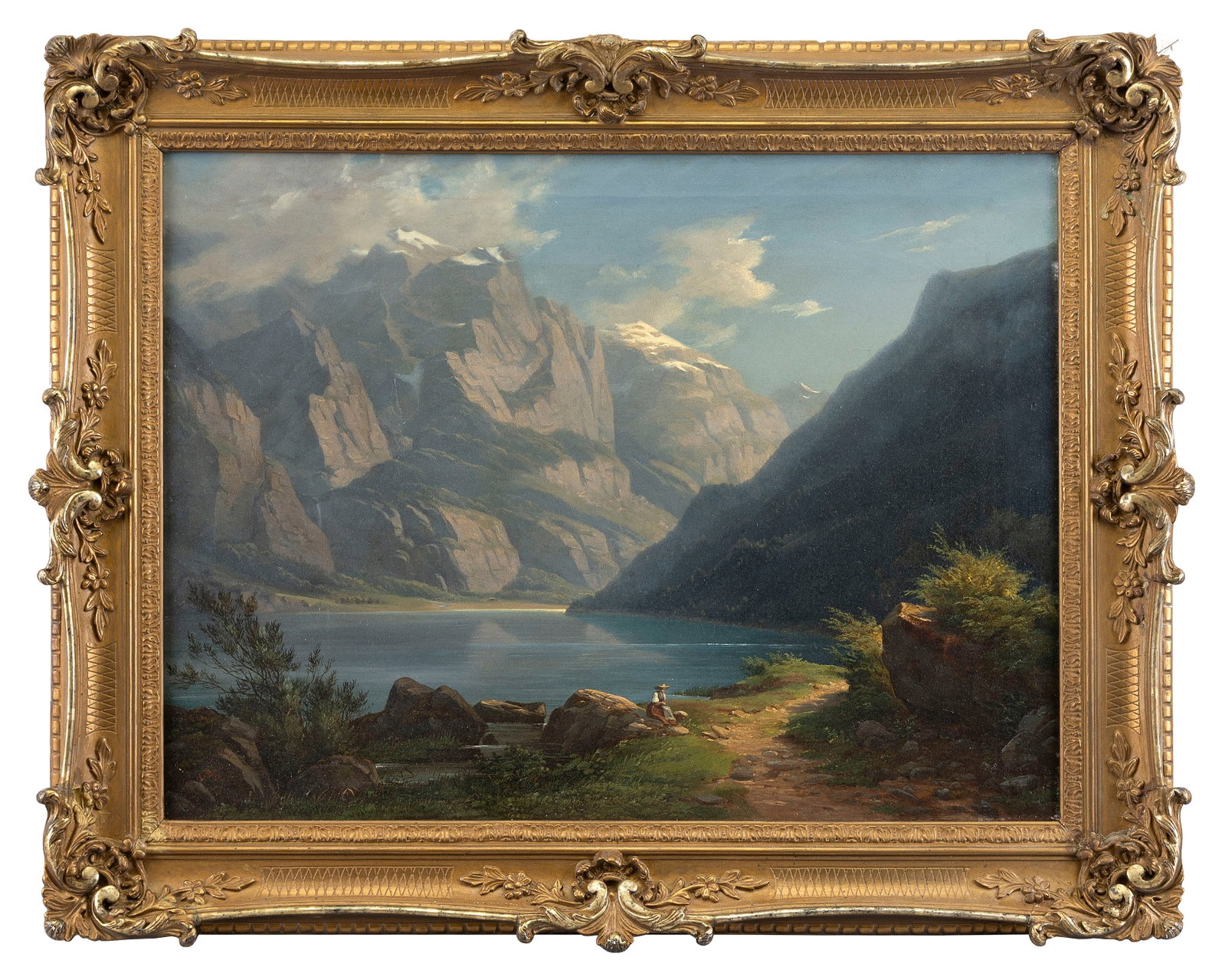 GOTTLIEB BION (Switzerland, 1804-1876), Mountain lake., Oil on canvas, 18" x 23.75". Framed 23" x: GOTTLIEB BION Switzerland, 1804-1876 Mountain lake. Signed lower left "G. Bion". Oil on canvas, 18" x 23.75". Framed 23" x 29".