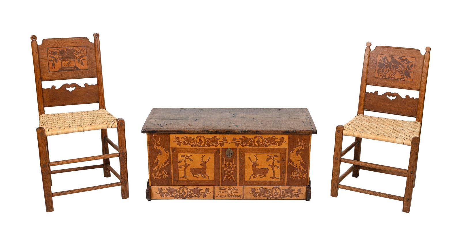 GERMAN INLAID OAK WEDDING CHEST AND TWO RUSH-SEAT SIDE CHAIRS Dated 1796 Chest height 18.5". Width (1 of 6)