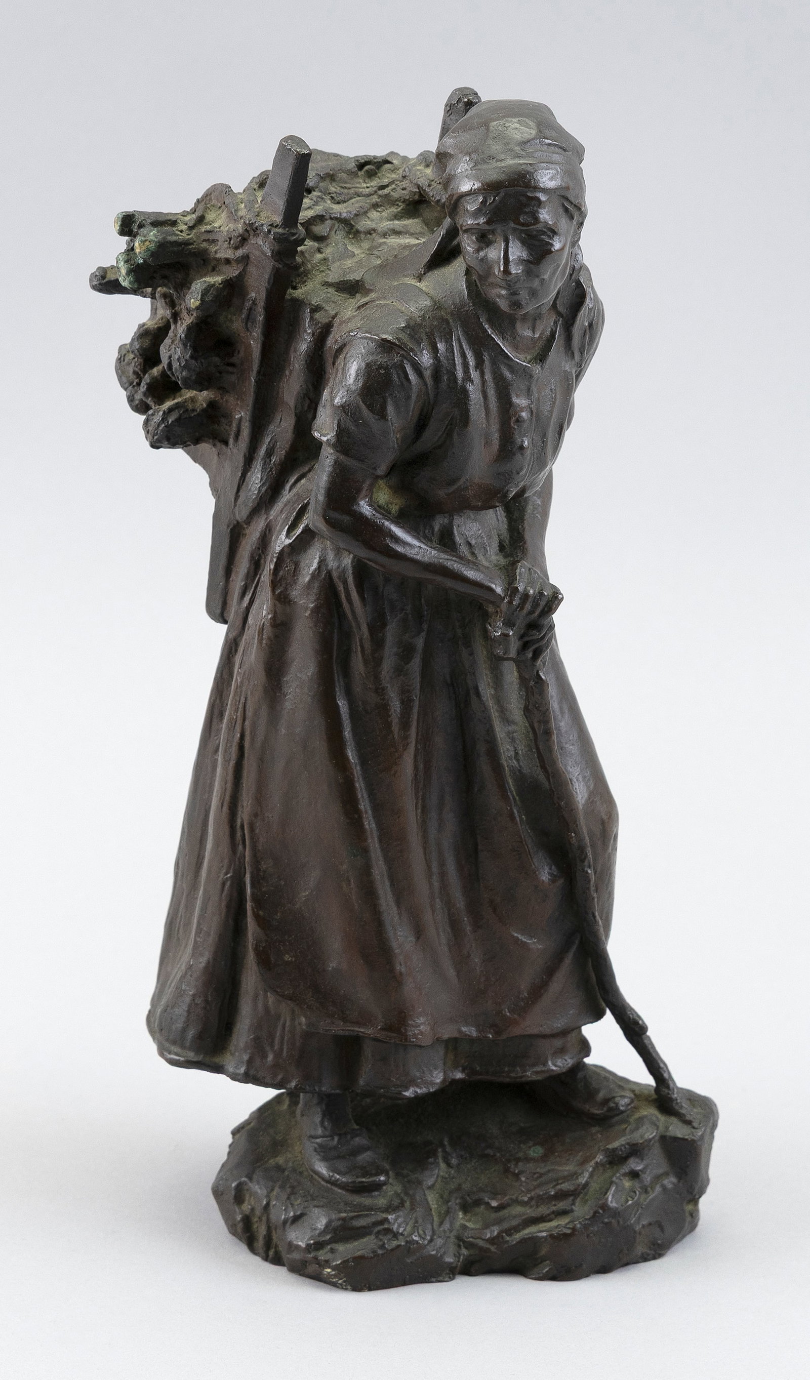 LUDWIG VORDERMAYER (Germany, 1868-1933), Wood gatherer., Bronze, height 11.5".: LUDWIG VORDERMAYER Germany, 1868-1933 Wood gatherer. Signed, dated "192[?]" and H. Noack foundry mark on rockery base. Bronze, height 11.5".