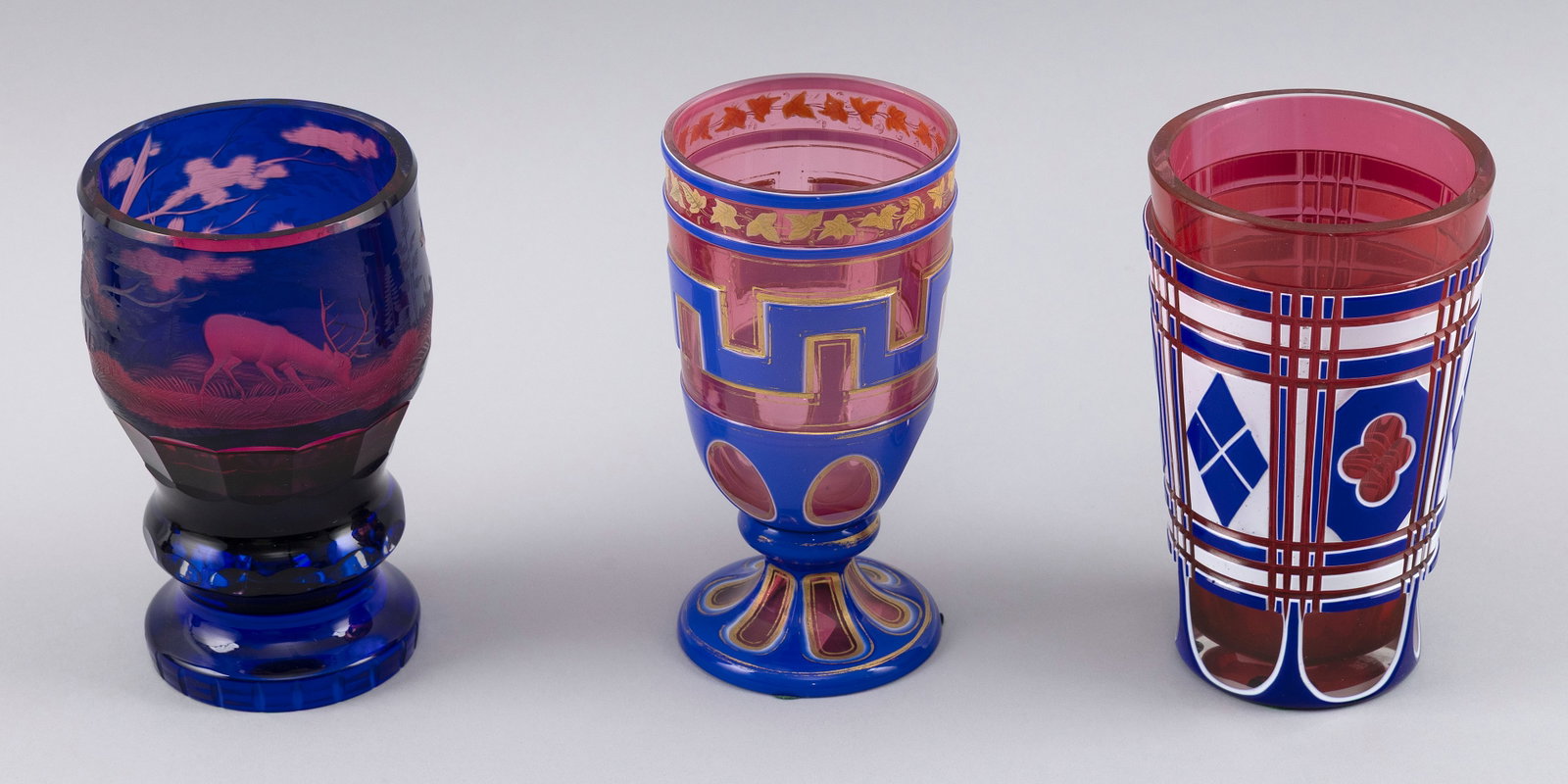THREE PIECES OF BIEDERMEIER BOHEMIAN OVERLAY GLASS Mid-19th Century (1 of 5)