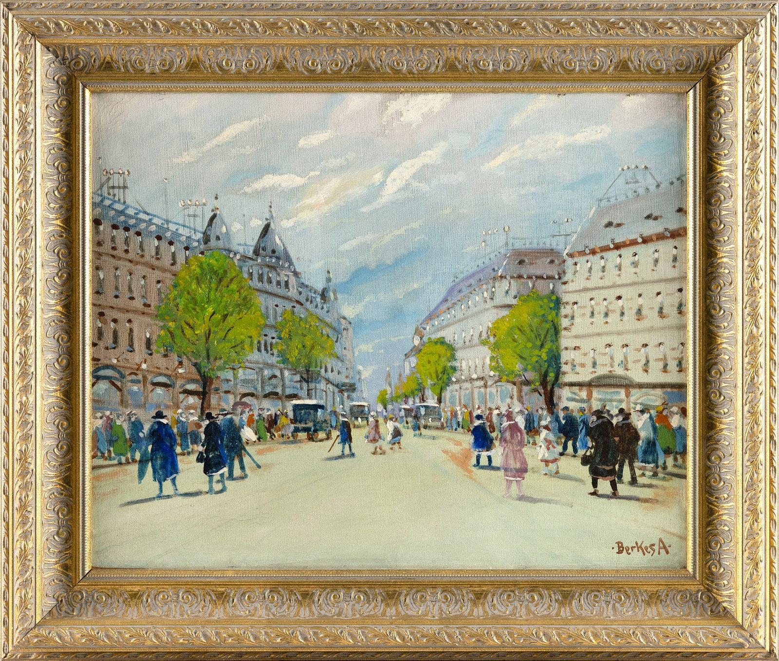 ANTAL BERKES (Hungary, 1874-1938), European city scene., Oil on canvas, 20" x 22". Framed 23" x 25". (1 of 2)