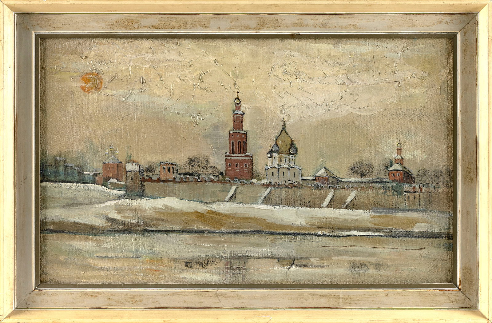 RUSSIAN SCHOOL (Early 20th Century,), Russian city scene., Oil on canvas, 16" x 28". Framed 20" x (1 of 2)