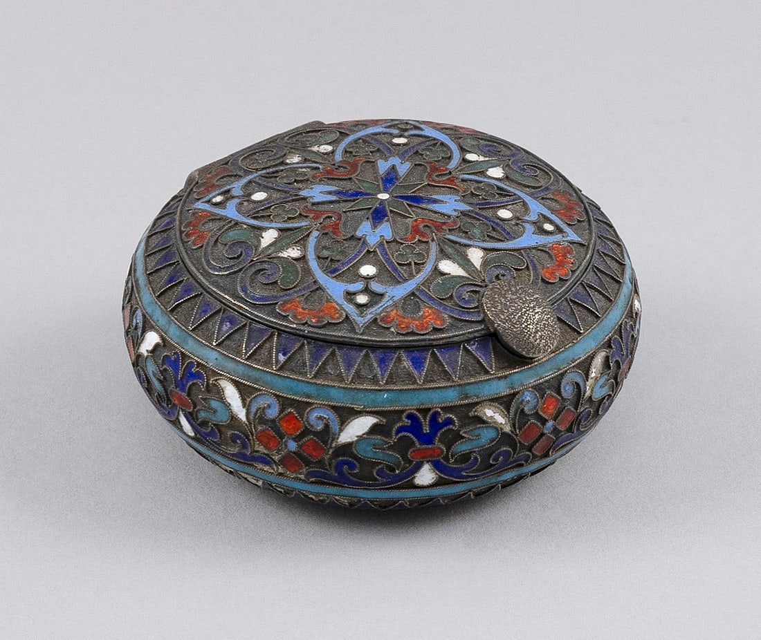 RUSSIAN SILVER AND CLOISONNE ENAMEL BONBONIERE Moscow, Late 19th Century Height 1". Diameter 2". (1 of 9)