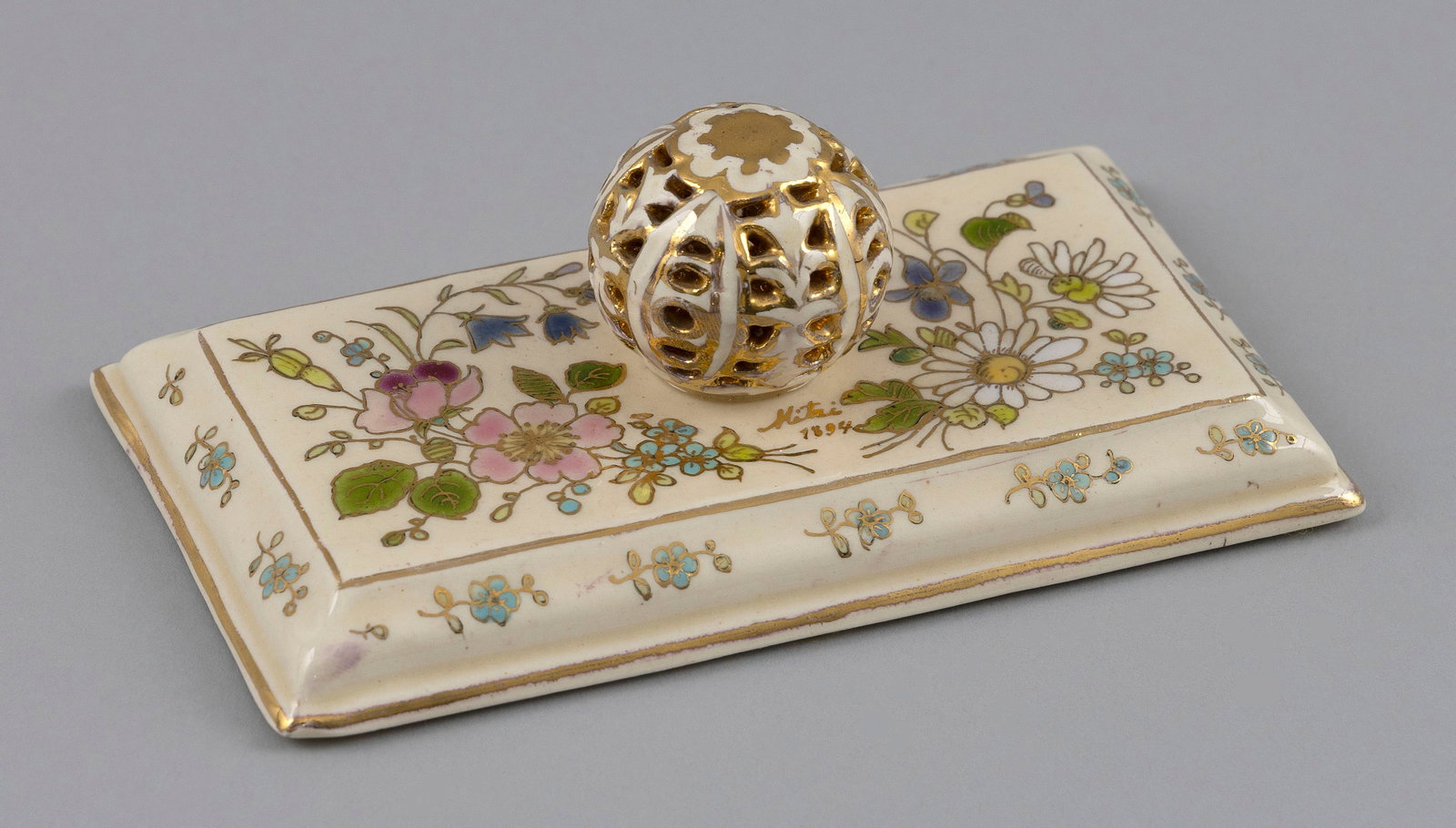 ZSOLAY PORCELAIN DESK WEIGHT Hungary, Late 19th Century Length 6". (1 of 7)
