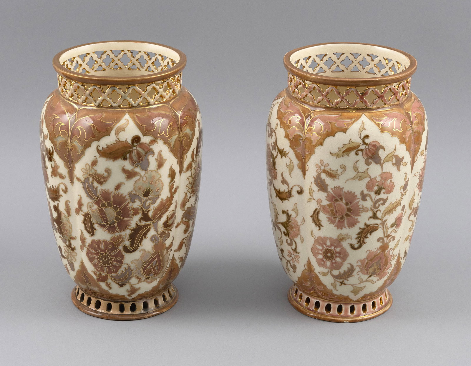 PAIR OF ZSOLNAY PORCELAIN VASES Hungary, Late 19th Century Heights 9". (1 of 6)