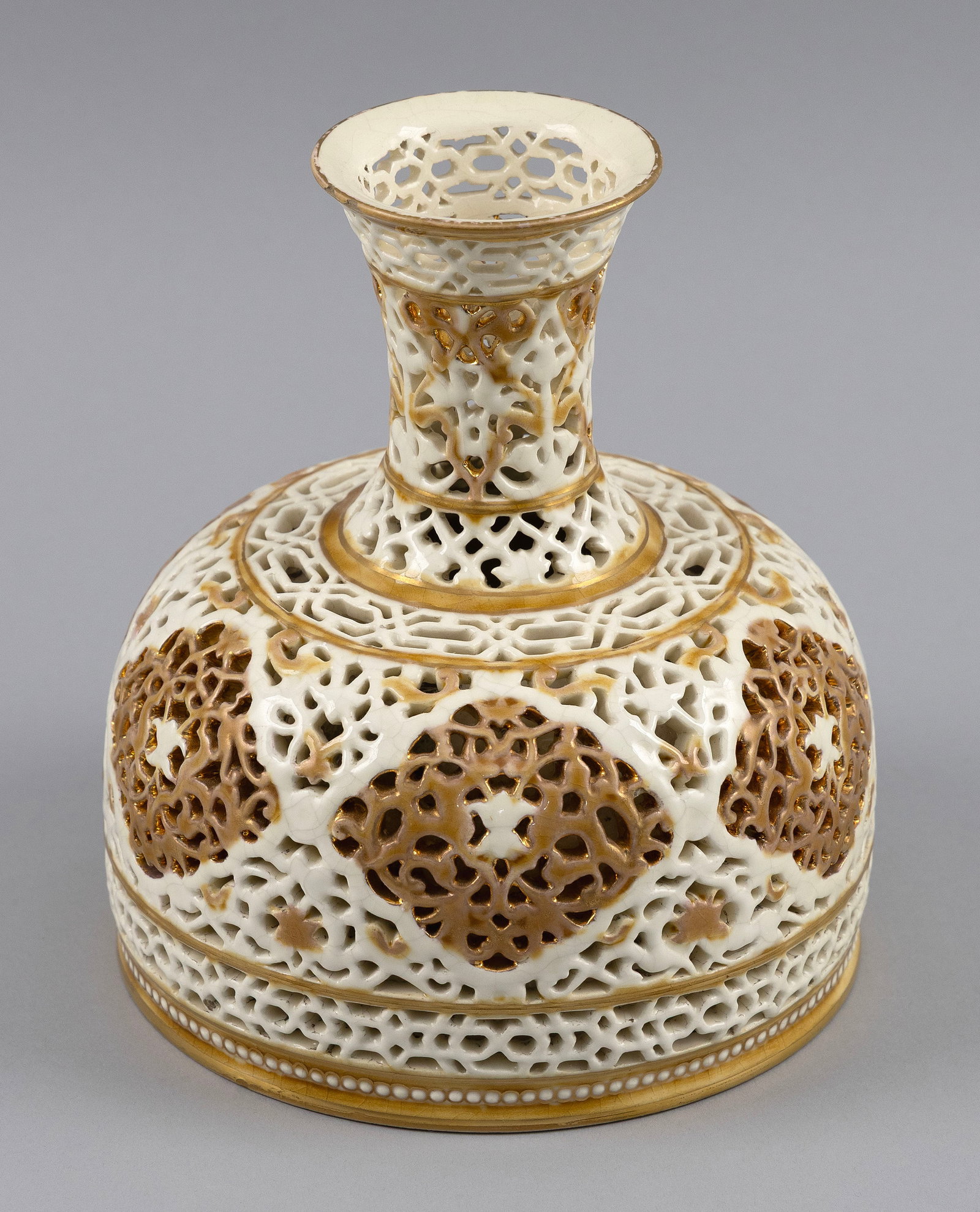 ZSOLNAY DOUBLE-WALLED RETICULATED PORCELAIN VASE Hungary, Late 19th Century Height 6.5". (1 of 6)