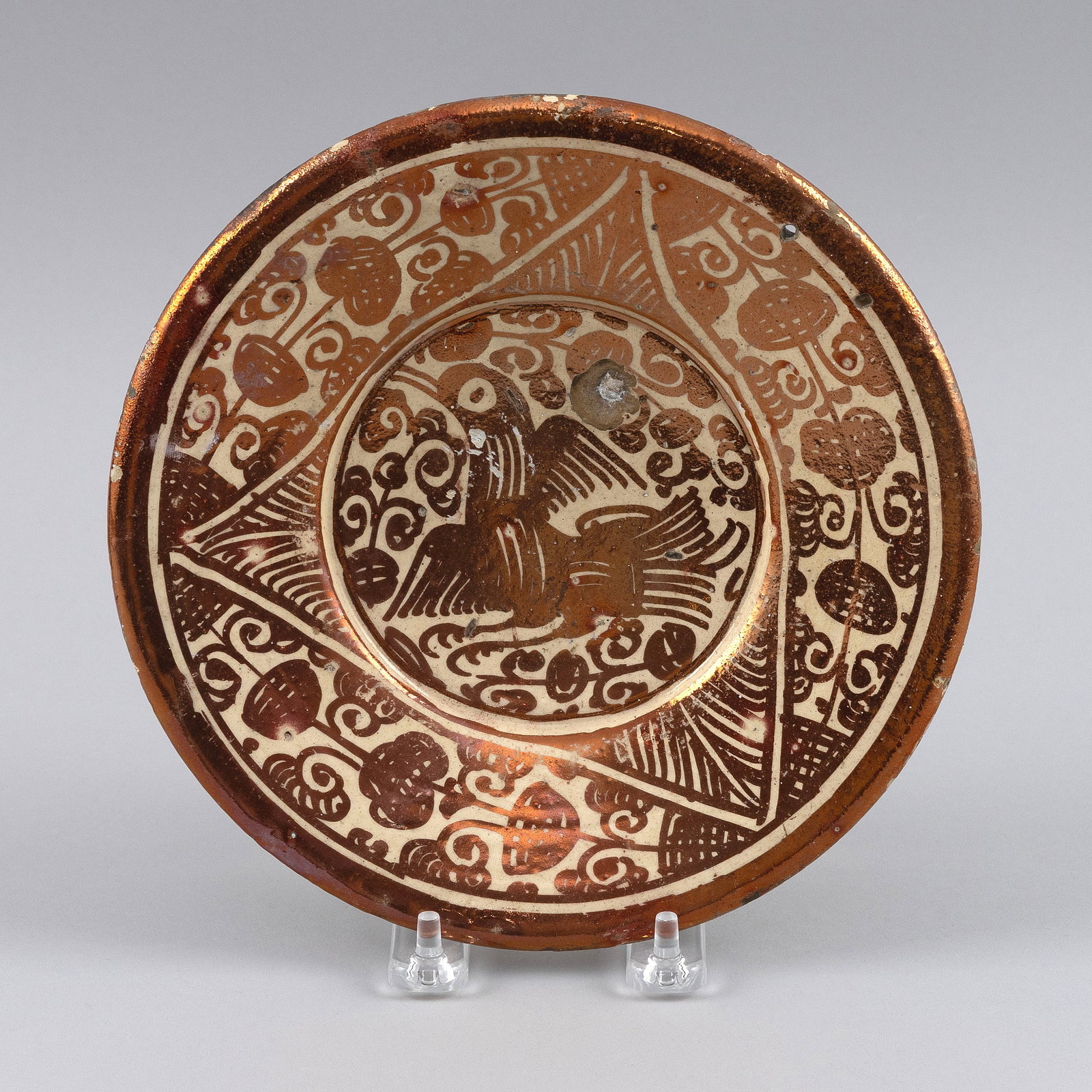 SMALL HISPANO-MOORISH STONEWARE BIRD PLATE 19th Century Diameter 8". (1 of 3)