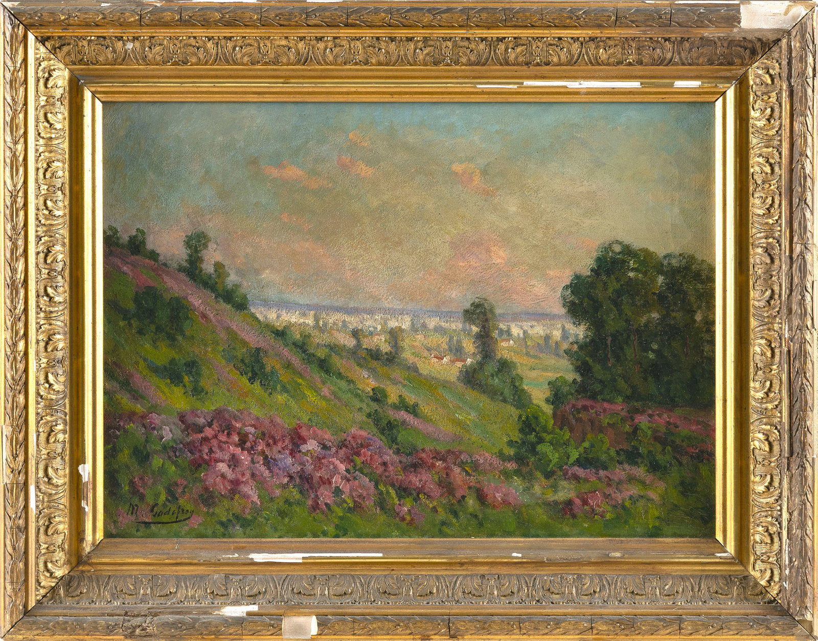 FRENCH SCHOOL (19th Century,), Flower-covered hillside and distant town., Oil on canvas, 13" x 18".: FRENCH SCHOOL 19th Century Flower-covered hillside and distant town. Signed lower left "M. Gadefroy" (signature untraced). Oil on canvas, 13" x 18". Framed 19" x 23".