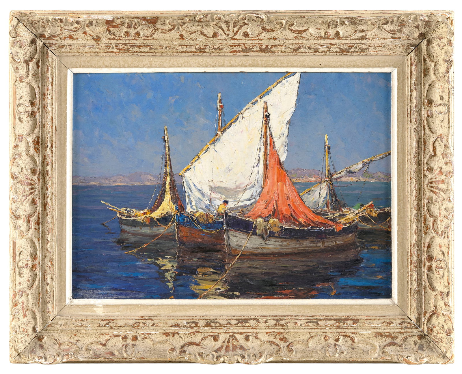 ATTRIBUTED TO FERNAND VAN DEN BUSSCHE (France, 1892-1975), "Barques de [...] St. Tropez"., Oil on: ATTRIBUTED TO FERNAND VAN DEN BUSSCHE France, 1892-1975 "Barques de [...] St. Tropez". Signed illegibly lower left. Titled verso. Oil on board, 13" x 18.25". Framed 19.5" x 24.5".