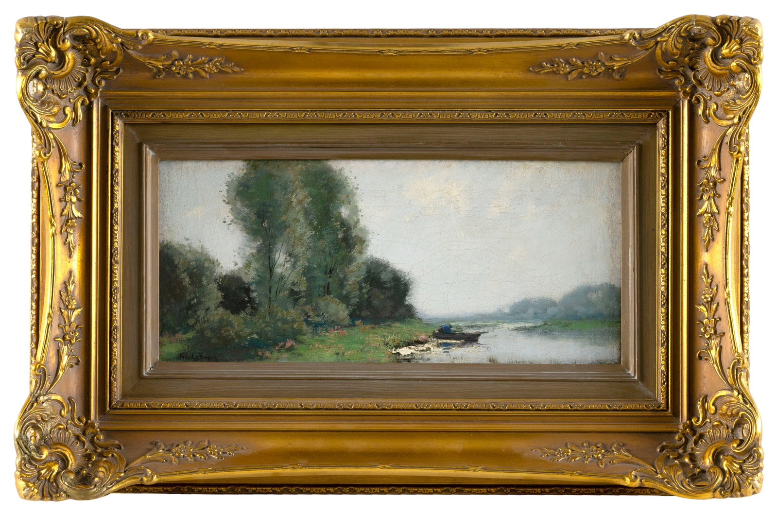 CORNELIS KUYPERS (The Netherlands, 1864-1932), River landscape., Oil on canvas, 7.25" x 16". Framed: CORNELIS KUYPERS The Netherlands, 1864-1932 River landscape. Signed lower left "Cornelis Kuypers". Oil on canvas, 7.25" x 16". Framed 15" x 23".