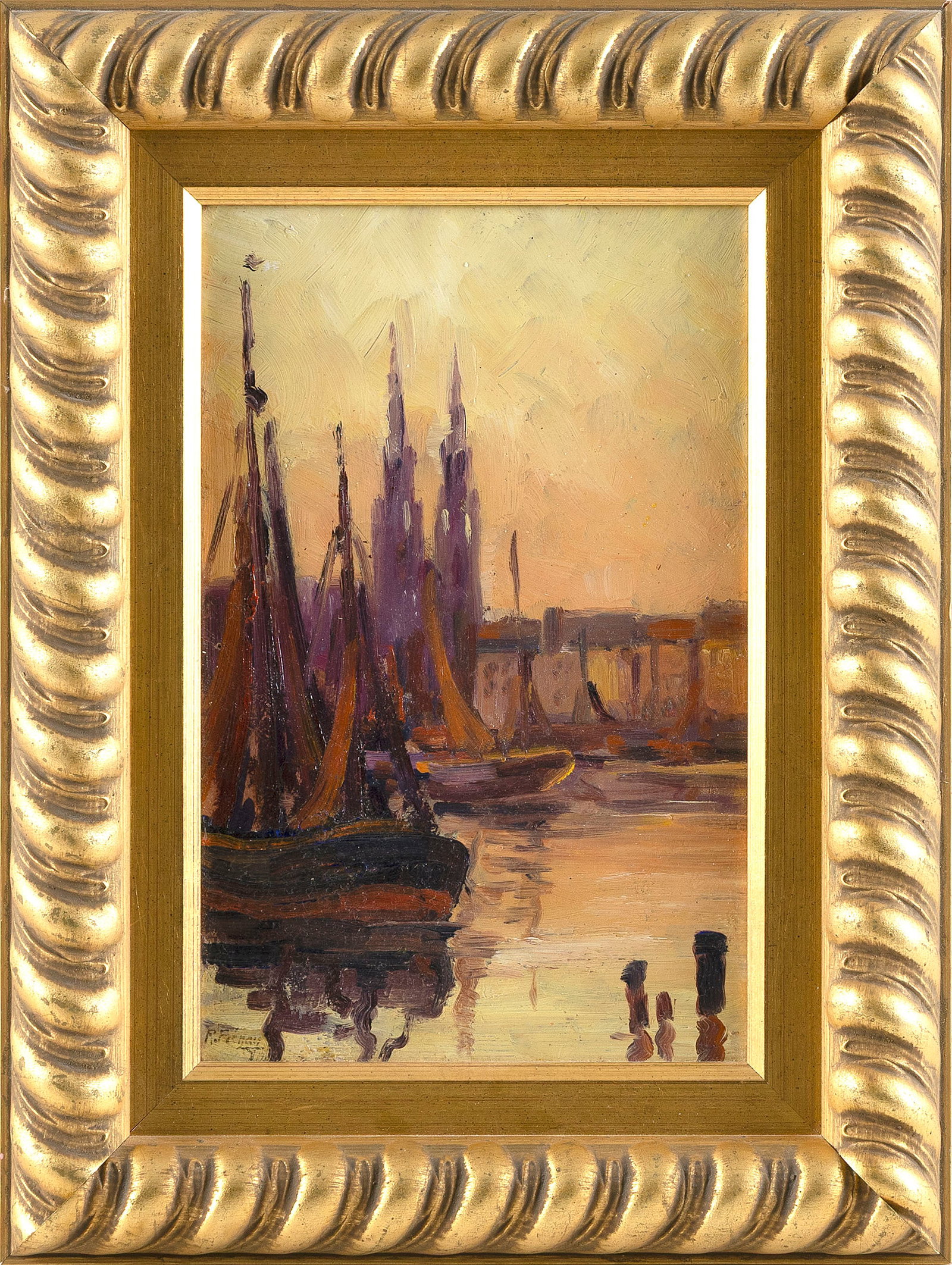 ROBERT FRENAY (Continental Europe, 1903-1987), Boats in a harbor., Oil on board, 9.5" x 6.25".: ROBERT FRENAY Continental Europe, 1903-1987 Boats in a harbor. Signed lower left corner "R. Frenay". Oil on board, 9.5" x 6.25". Framed 13.25" x 10".