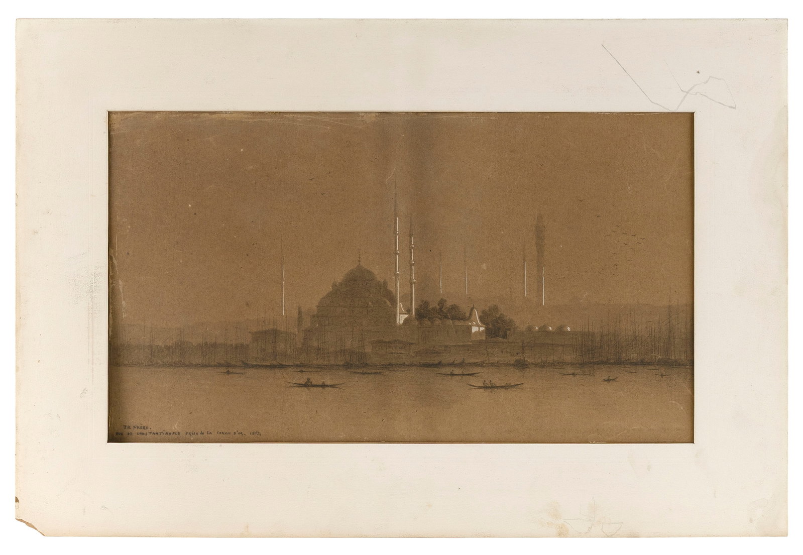 CHARLES-THEODORE FRERE (France, 1814-1888), "Vue de Constantinople Prise de la Corvie d'Or"., Mixed: CHARLES-THEODORE FRERE France, 1814-1888 "Vue de Constantinople Prise de la Corvie d'Or". Signed "Th. Frere", titled and dated 1853 lower left. Mixed media on paper, 10.75" x 18.75" sight. Matted.